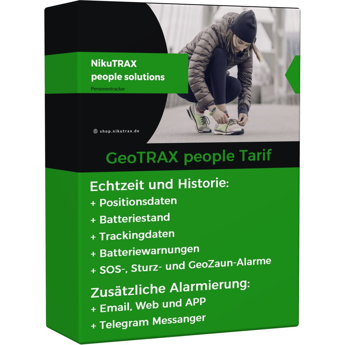 Schwarze und grüne Box mit Text. Frau bindet ihren Schuh oben. "GeoTRAX people Tarif" steht geschrieben.