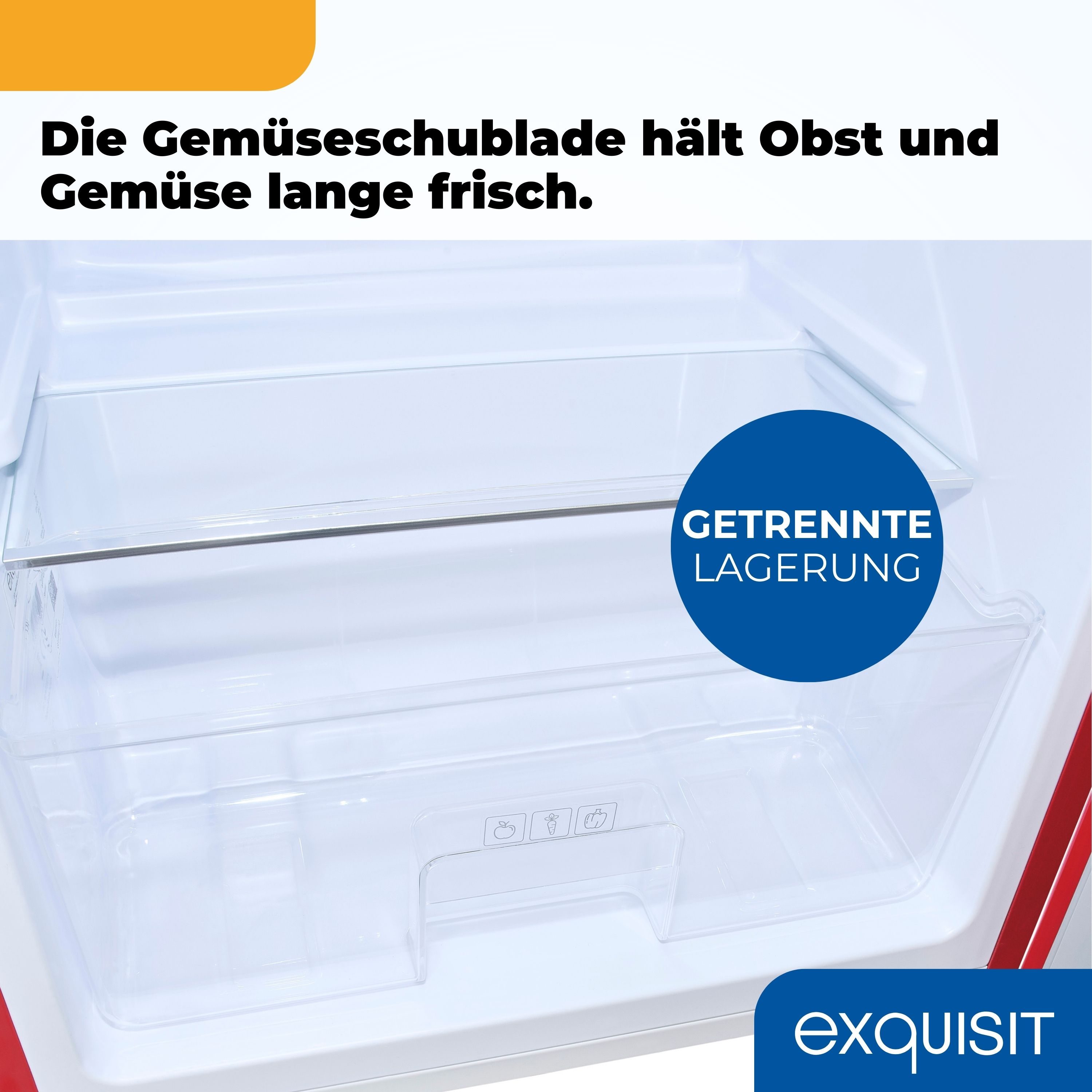 In einem Kühlschrank. Klare Regale, Gemüseschublade und Text auf Deutsch.