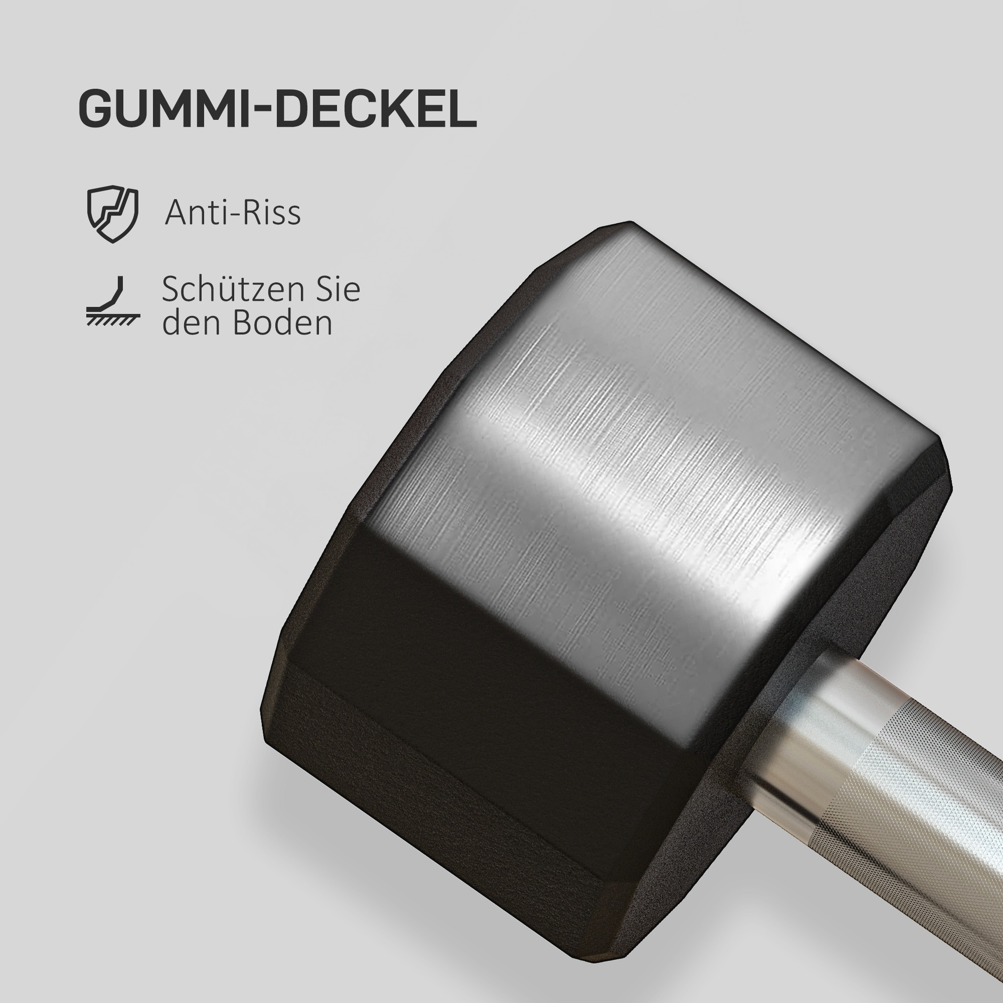 Ein Metallhammer mit Gummiabdeckung. Text besagt: Anti-Riss und schützt den Boden.