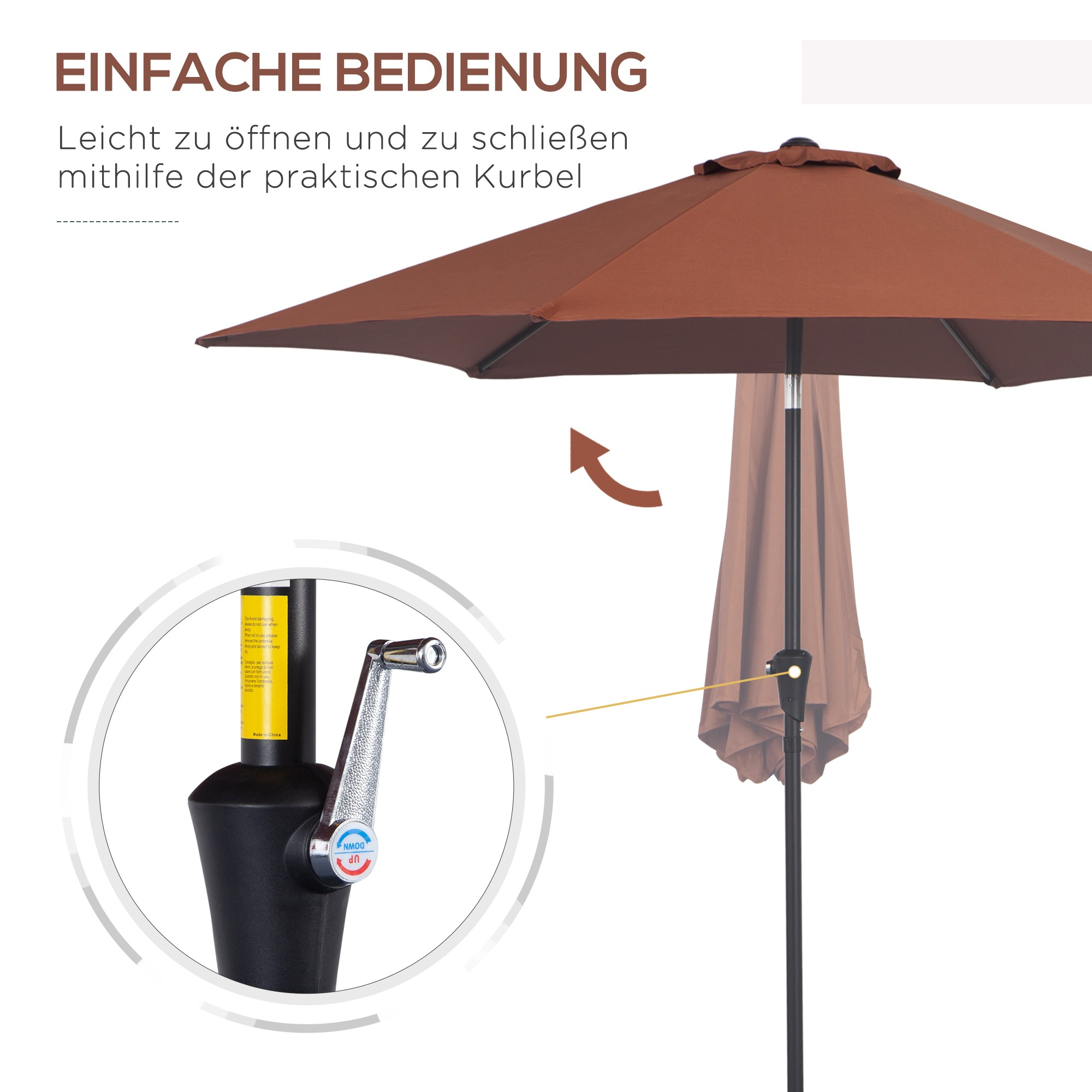 Sonnenschirm mit Kurbel. Braunes Verdeck, schwarzer Mast. Text: Einfach mit Kurbel zu öffnen und zu schließen.