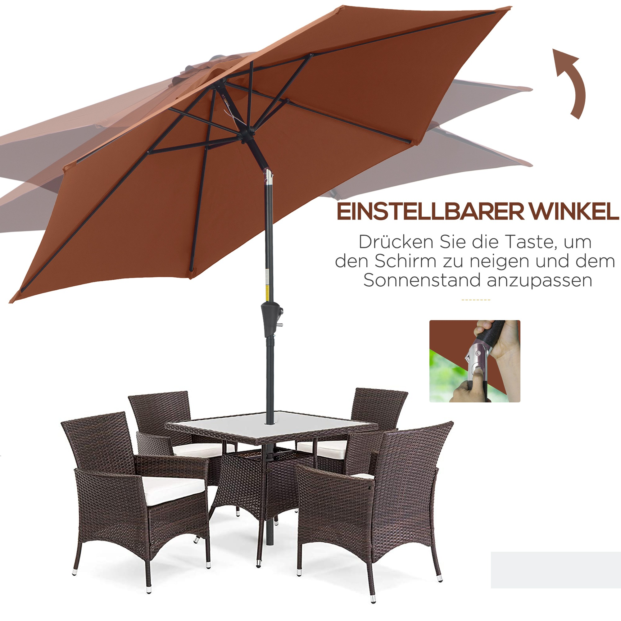Terrassenset im Freien mit braunem Schirm, Tisch und Stühlen; sonnig, mit Text über den Winkel.
