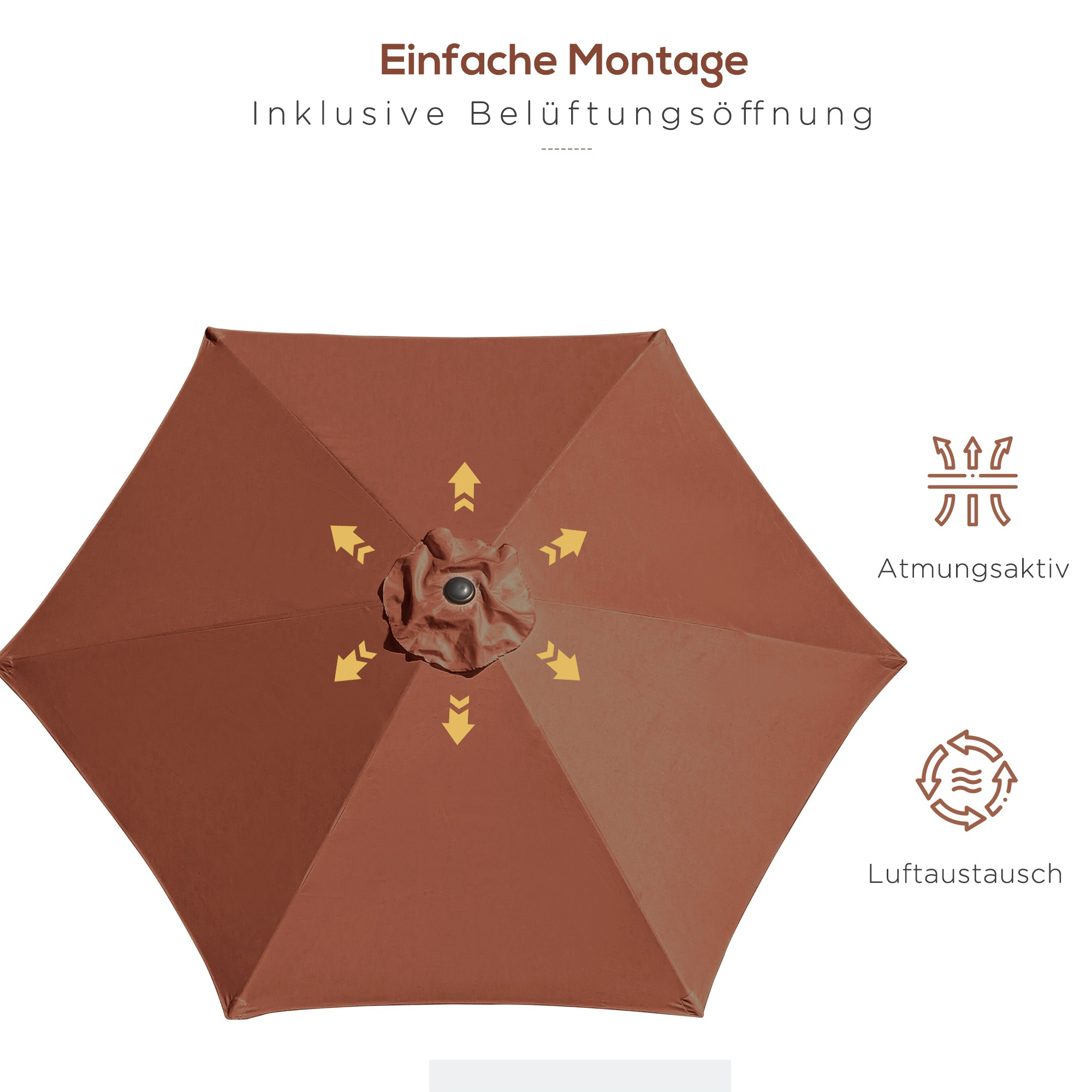 Brauner sechseckiger Regenschirm mit Luftschlitzen und Austausch-Illustrationen. Text über einfache Montage.