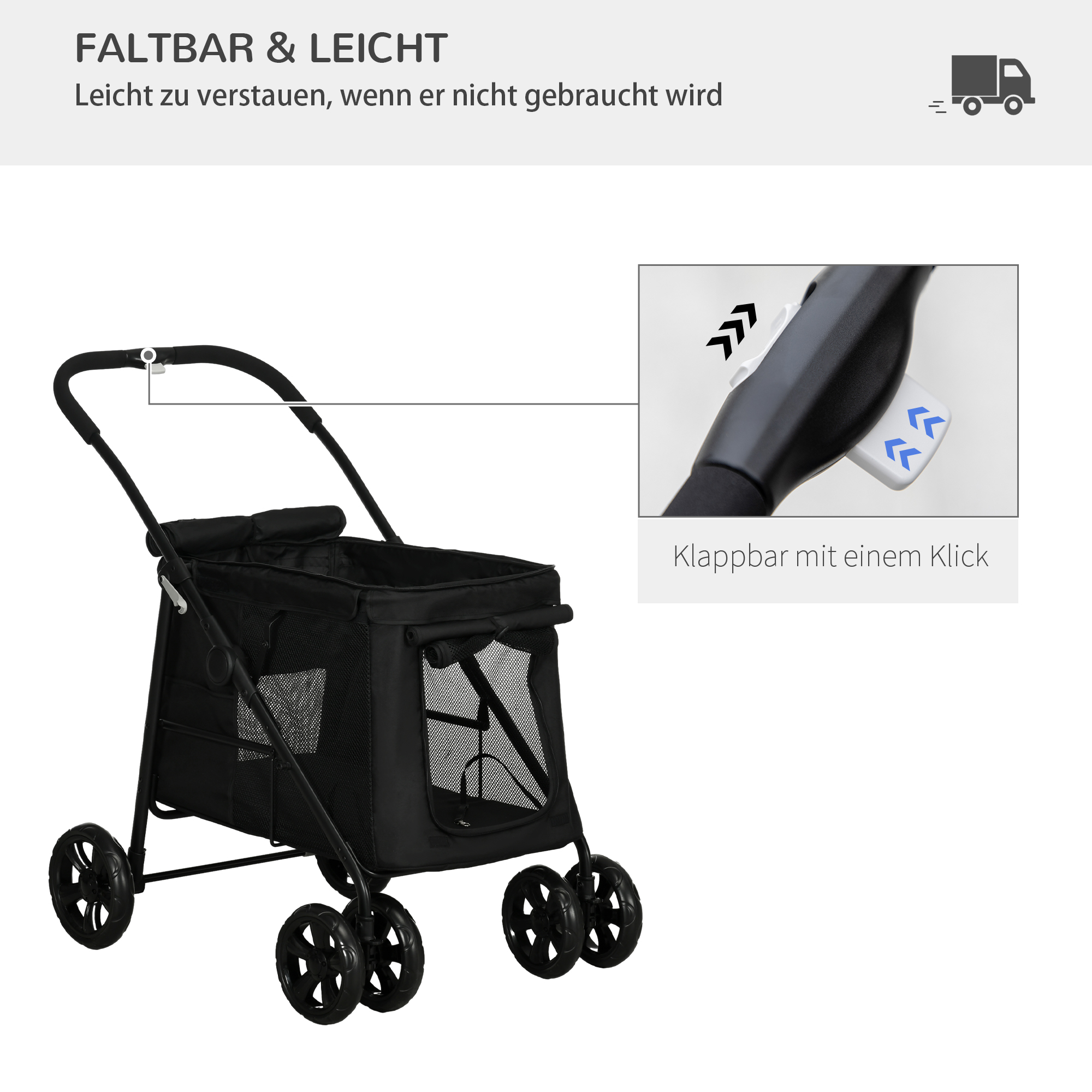 Ein faltbarer schwarzer Haustierkinderwagen mit Nahaufnahme des Faltmechanismus.