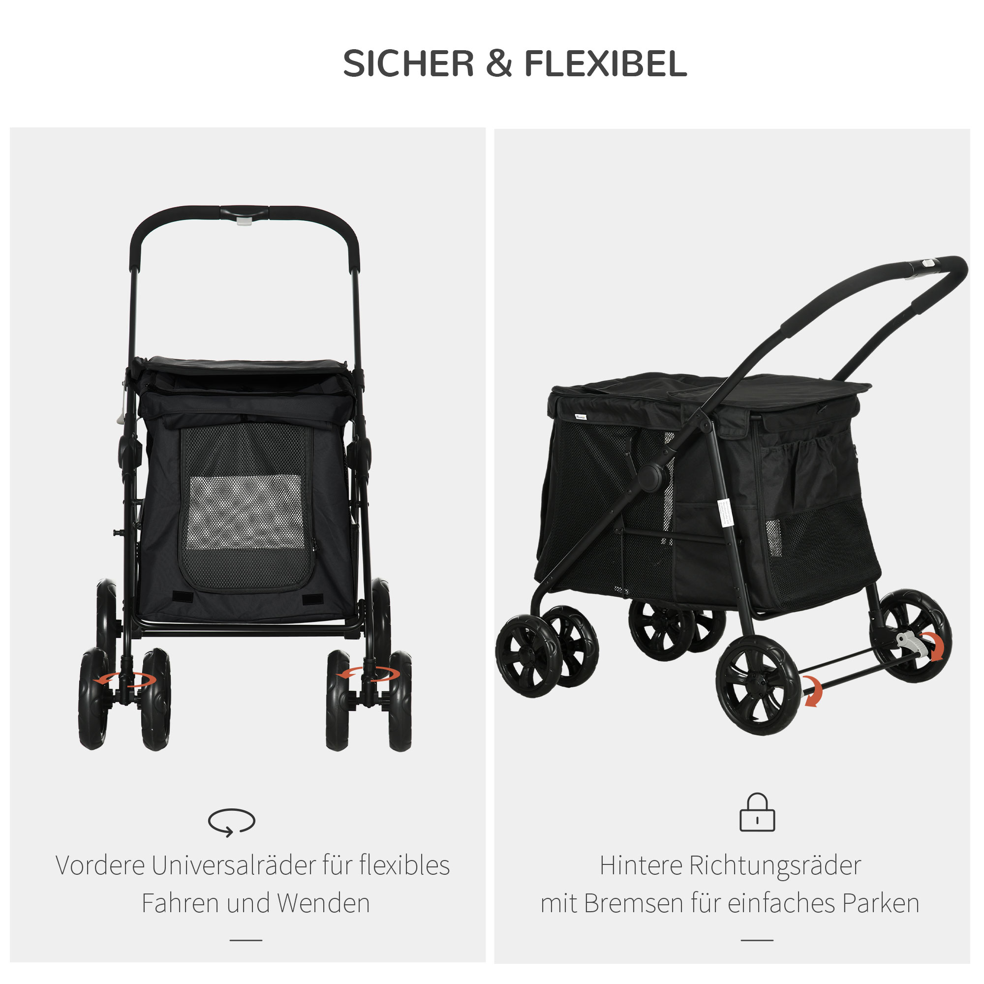Zwei Bilder, die einen schwarzen Haustier-Kinderwagen zeigen. Text beschreibt Funktionen auf Deutsch.