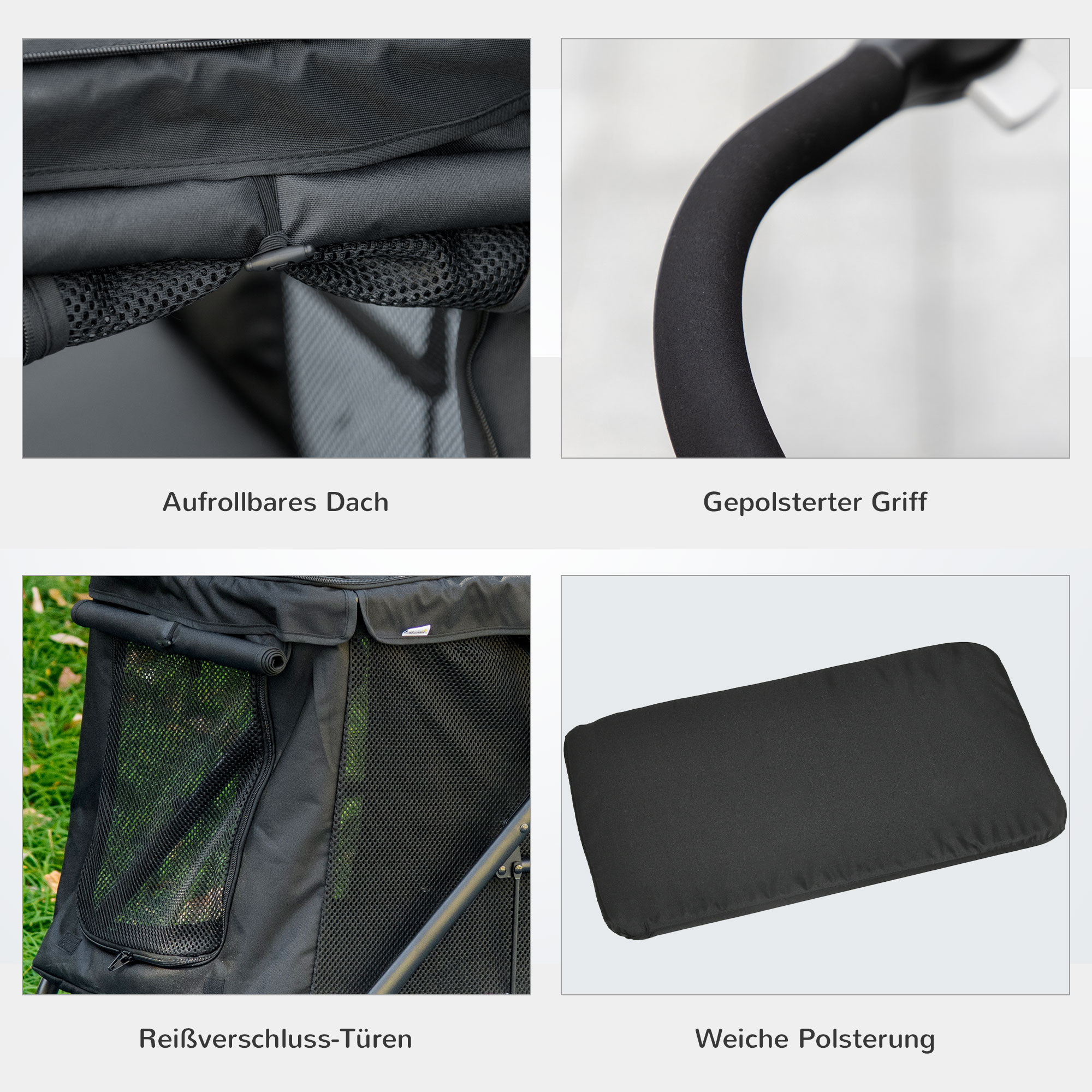 Vier Bilder mit Funktionen eines Kinderwagens: Dach, Griff, Reißverschlusstüren, weiche Polsterung.