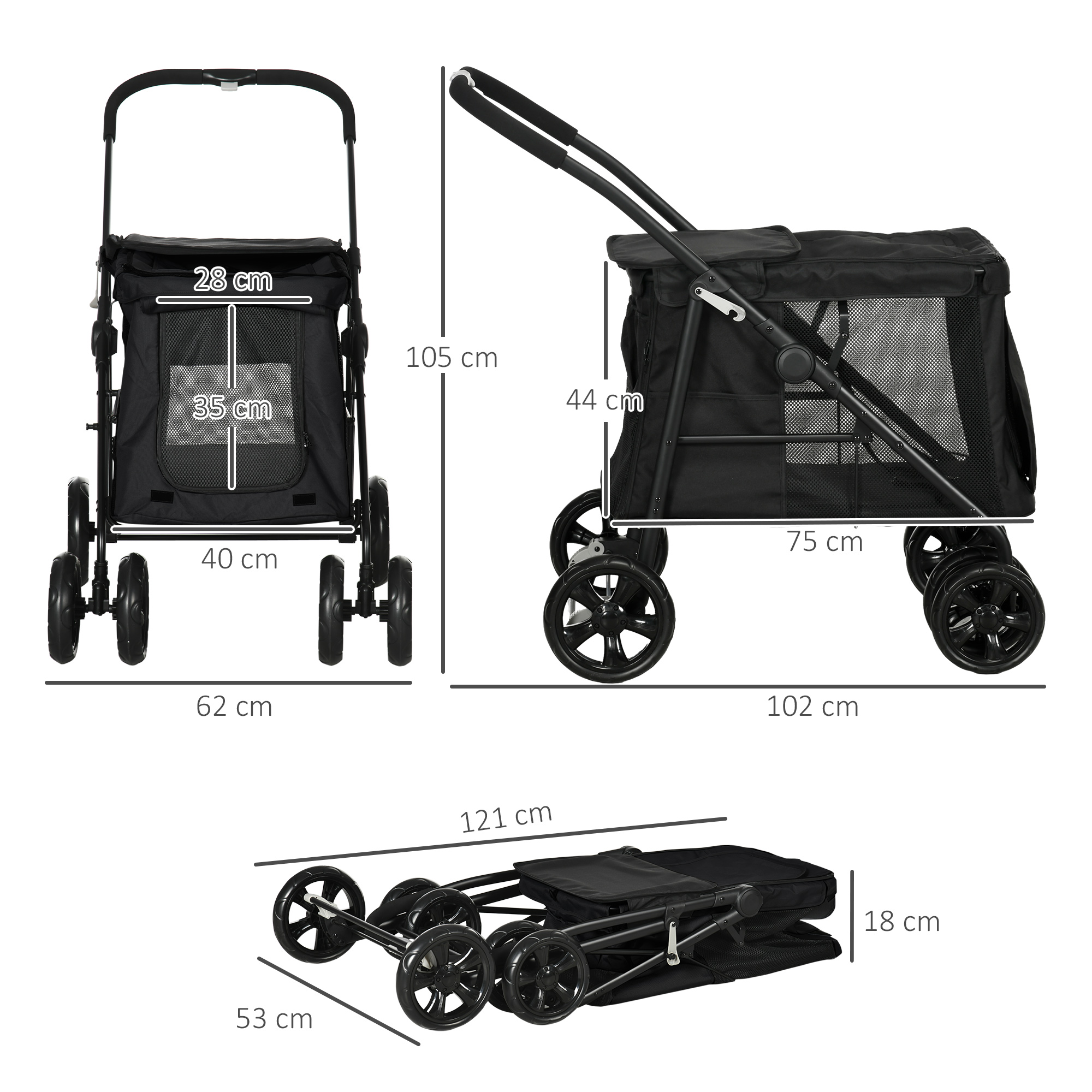 Schwarzer Haustier-Kinderwagen mit Abmessungen, gefaltete und entfaltete Ansichten. Weißer Hintergrund.
