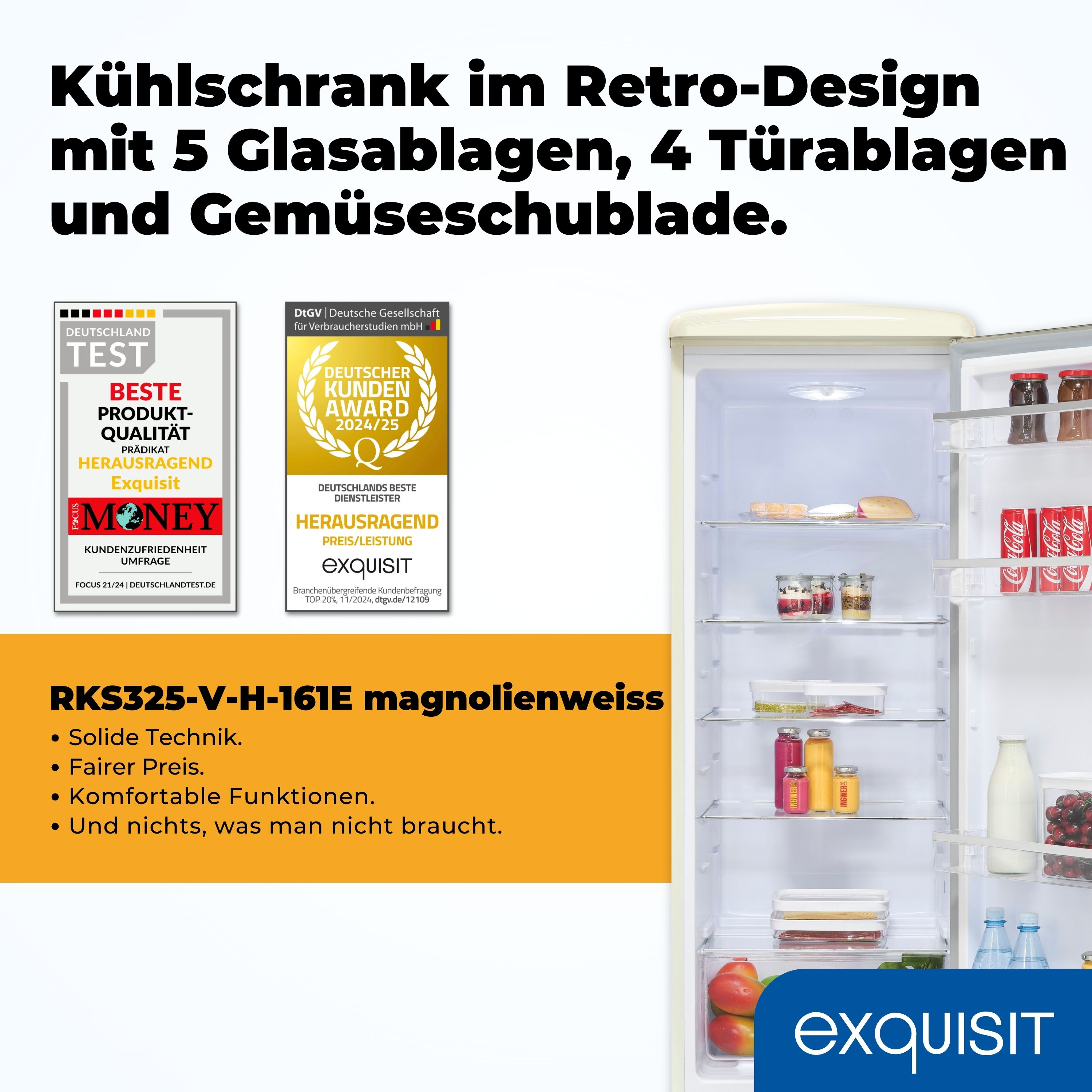 Offener Kühlschrank im Retro-Design mit Regalen, Lebensmitteln und Auszeichnungen. Weißer Kühlschrank.