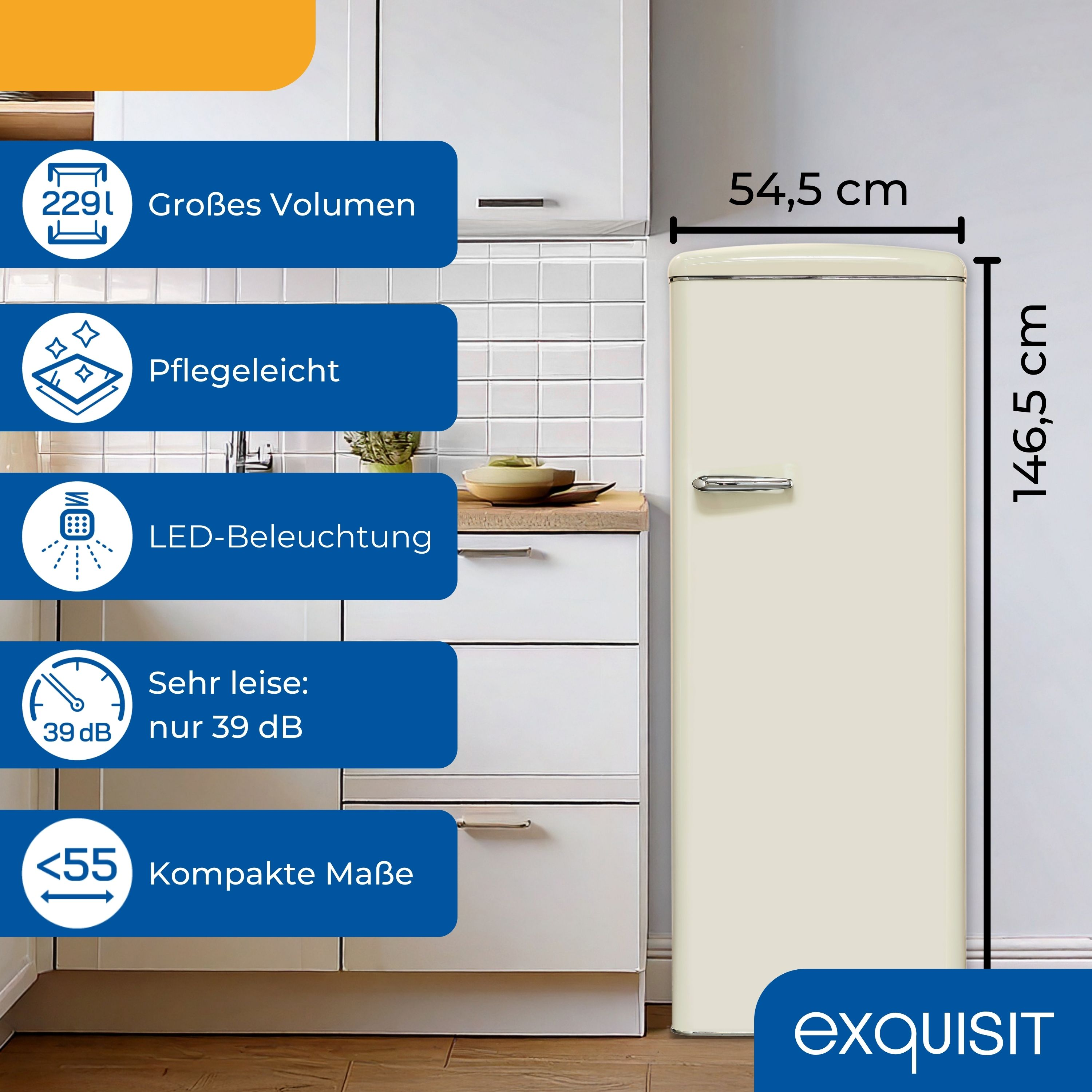 Cremefarbener Kühlschrank mit Maßen. Weiße Schränke und Griff sichtbar.