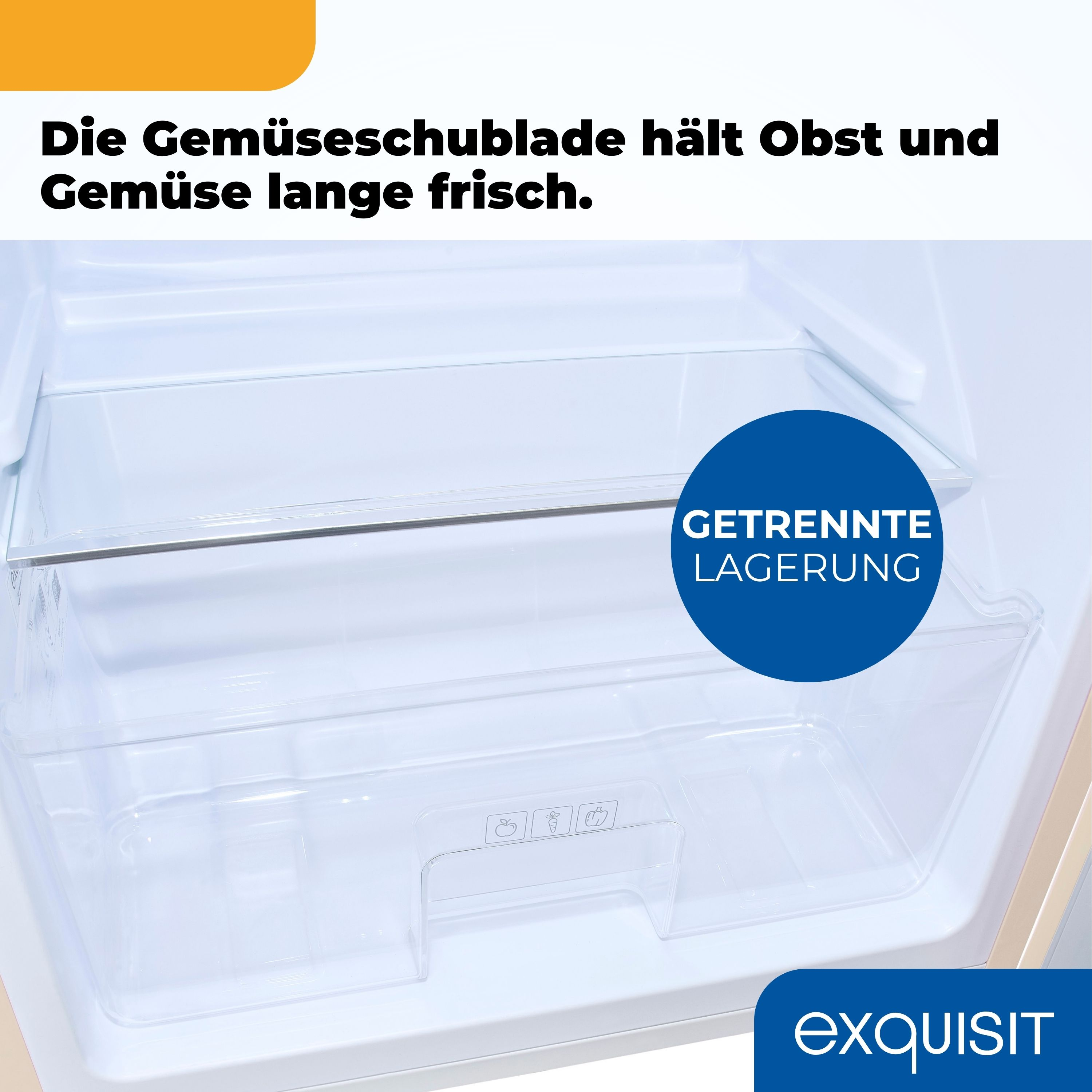 Kühlschrankinnenraum mit Obst- und Gemüsefächern. Text sagt: 'hält Obst und Gemüse frisch'.
