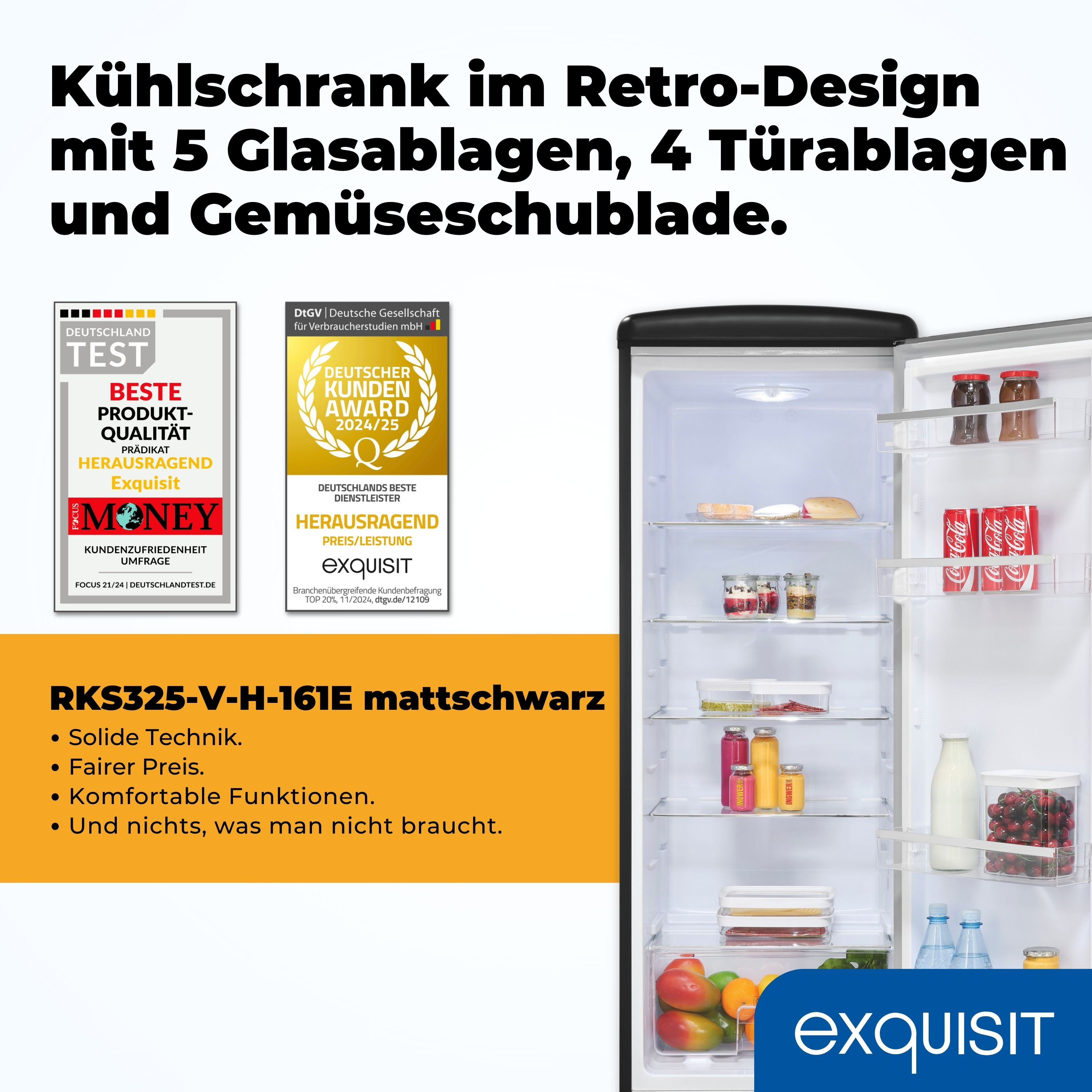 Schwarzer Retro-Kühlschrank offen, mit Auszeichnungen und Text. Innenregale mit Artikeln. Text: Exquisit, RKS325-V-H-161E.