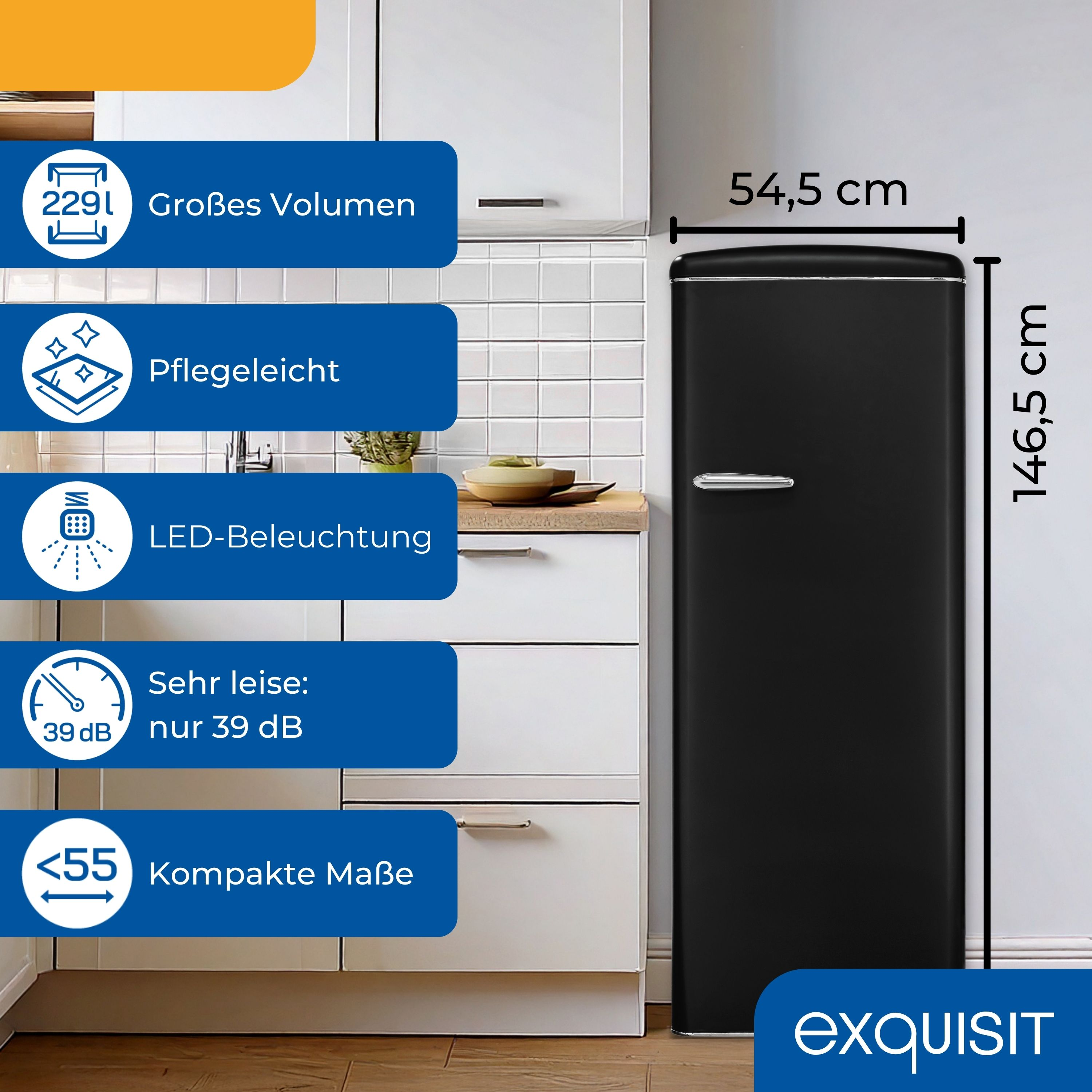 Schwarzer Retro-Kühlschrank mit Details, einschließlich Abmessungen und Symbolen, vor weißer Wand.
