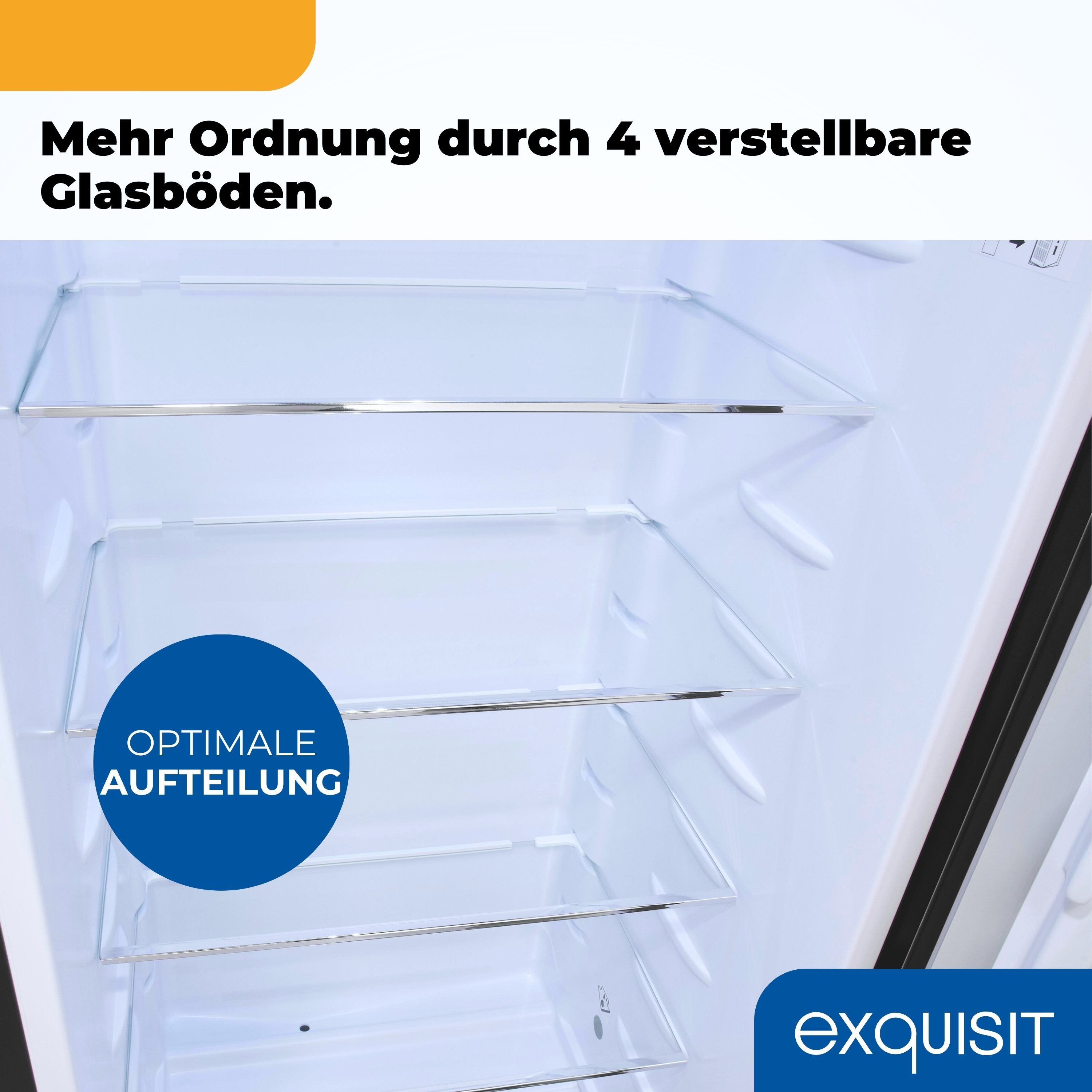Im Kühlschrank mit Glasböden, Text: 'Optimale Aufteilung'.