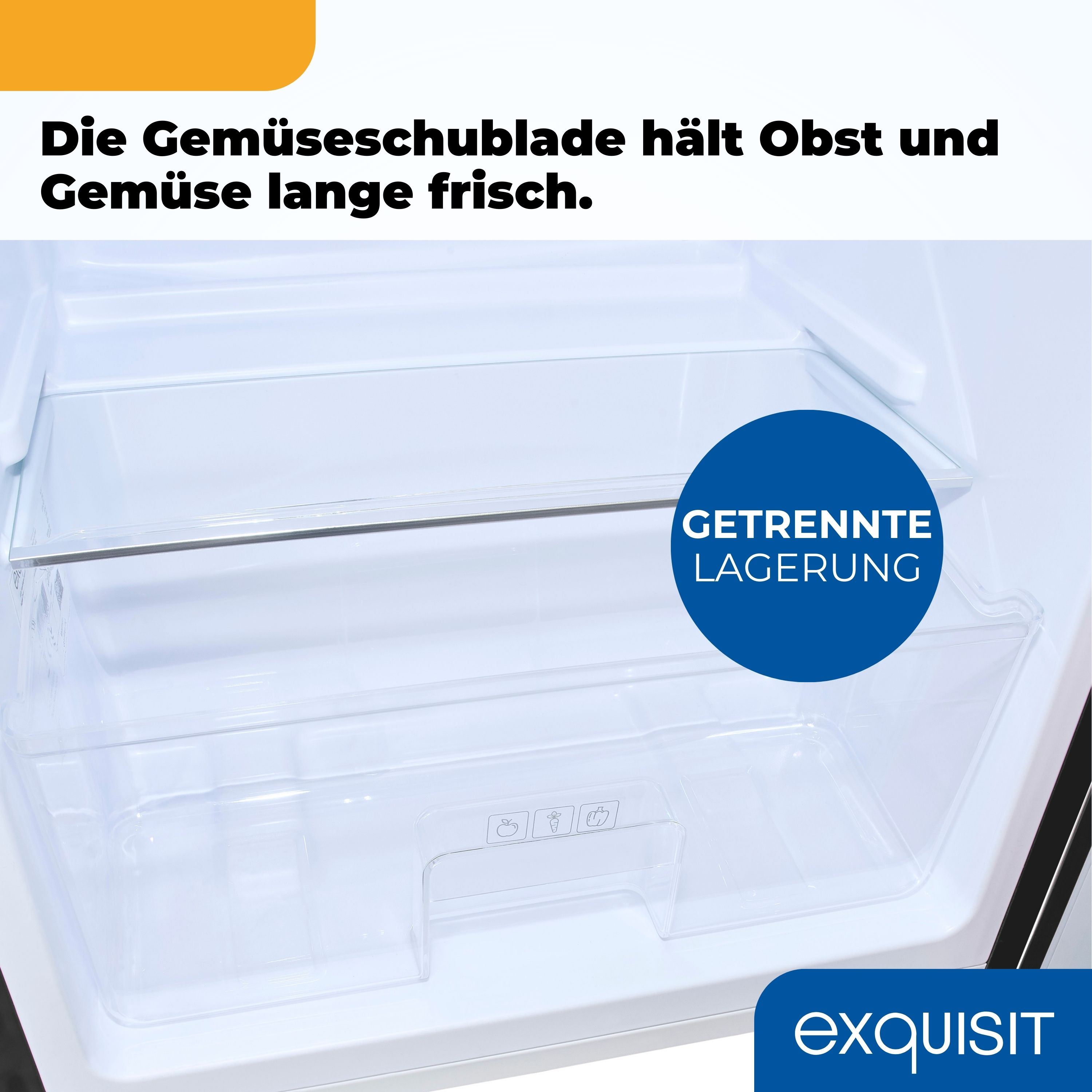 Kühlschrank-Schublade mit Text. Die Schublade hat transparente Aufbewahrungsfächer.