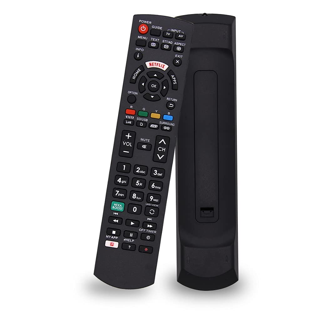 Schwarze TV-Fernbedienung mit verschiedenen Tasten und Netflix-Logo. Weißer Hintergrund.