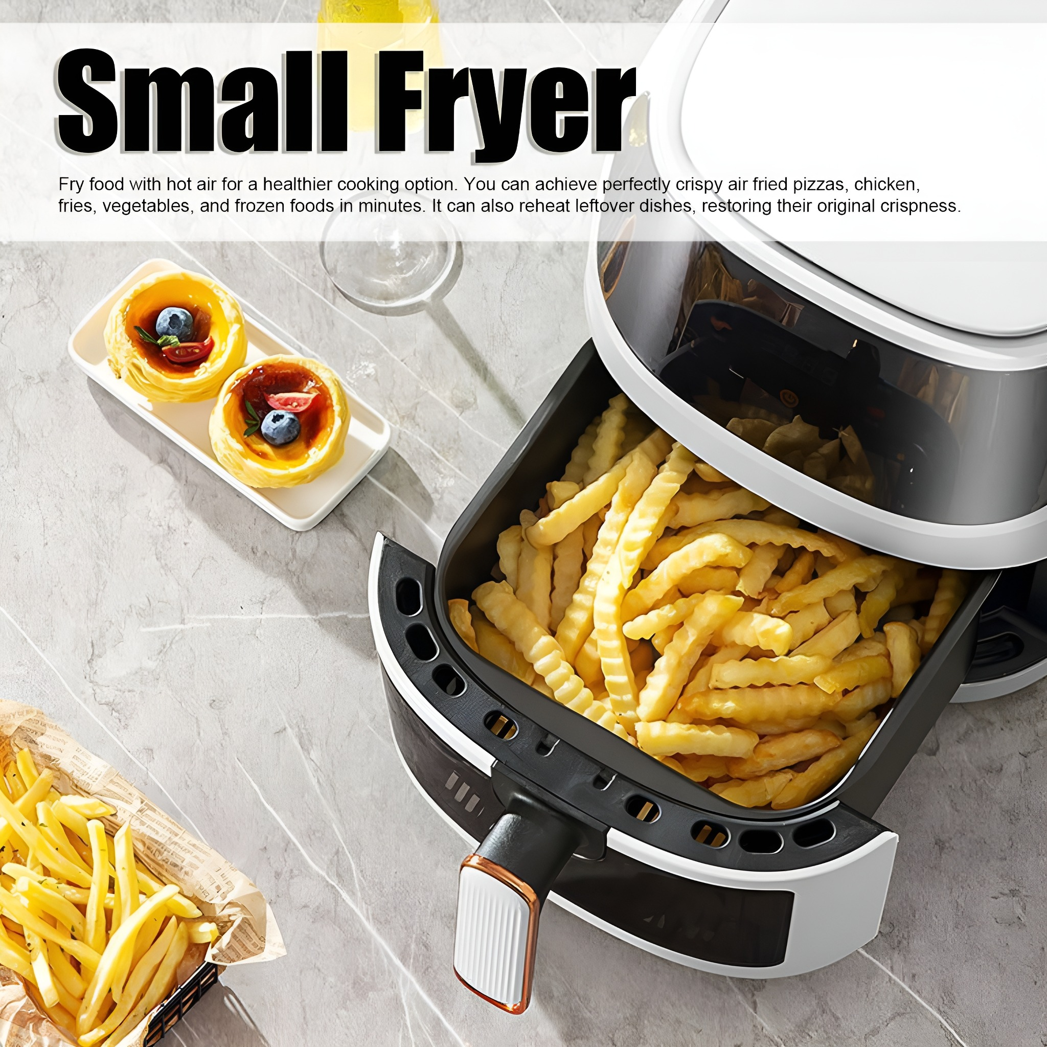 Heißluftfritteuse mit Pommes Frites, Lebensmittelproben und Text zu den Eigenschaften und Optionen.