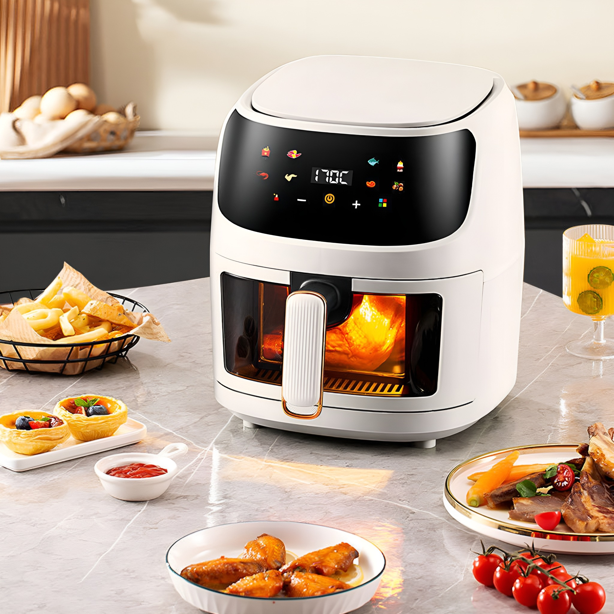 Weißer Luftfritteuse auf einem Tisch mit gekochtem Essen. Die Fritteuse zeigt einen digitalen Bildschirm.