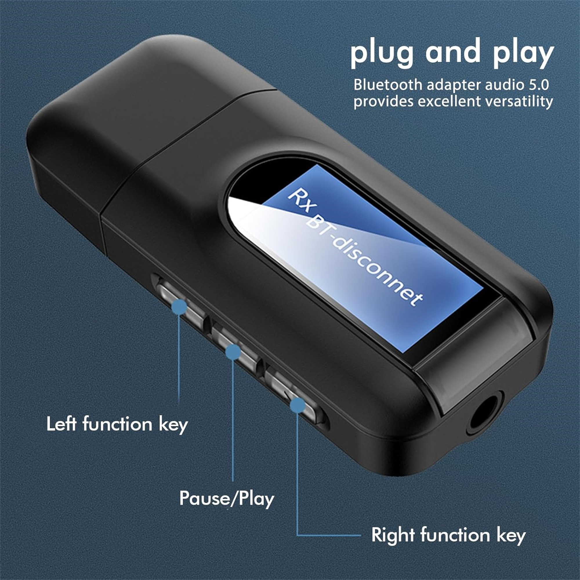 Schwarzer Bluetooth-Adapter mit beschrifteten Funktionstasten. Text weist auf Vielseitigkeit hin.