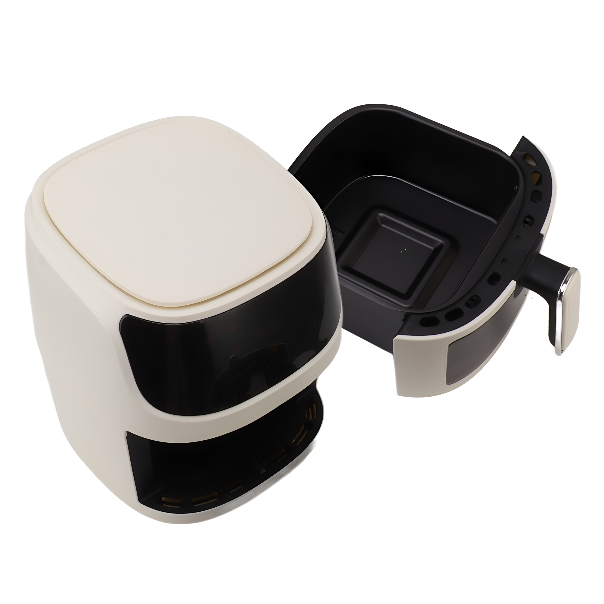 Weißer und schwarzer Airfryer mit geöffnetem Deckel, zeigt den inneren Korb.