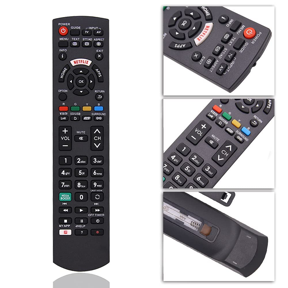 Schwarze Fernbedienung mit vielen Tasten und Netflix-Taste. Drei Nahaufnahmen.