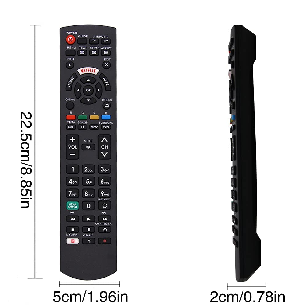 Schwarze TV-Fernbedienung mit Knöpfen. Abmessungen: 22,5 cm x 5 cm x 2 cm.