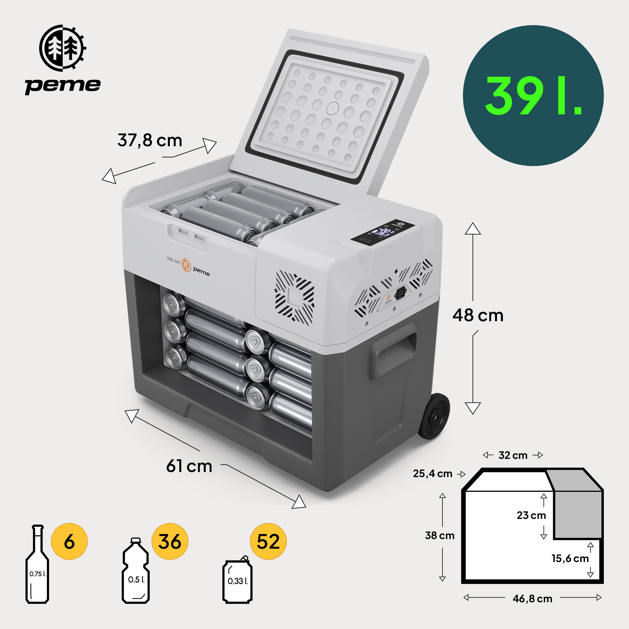 Weiß-graue Kühlbox mit Dosen und Flaschen. Abmessungen und Flaschenmengen sind sichtbar.