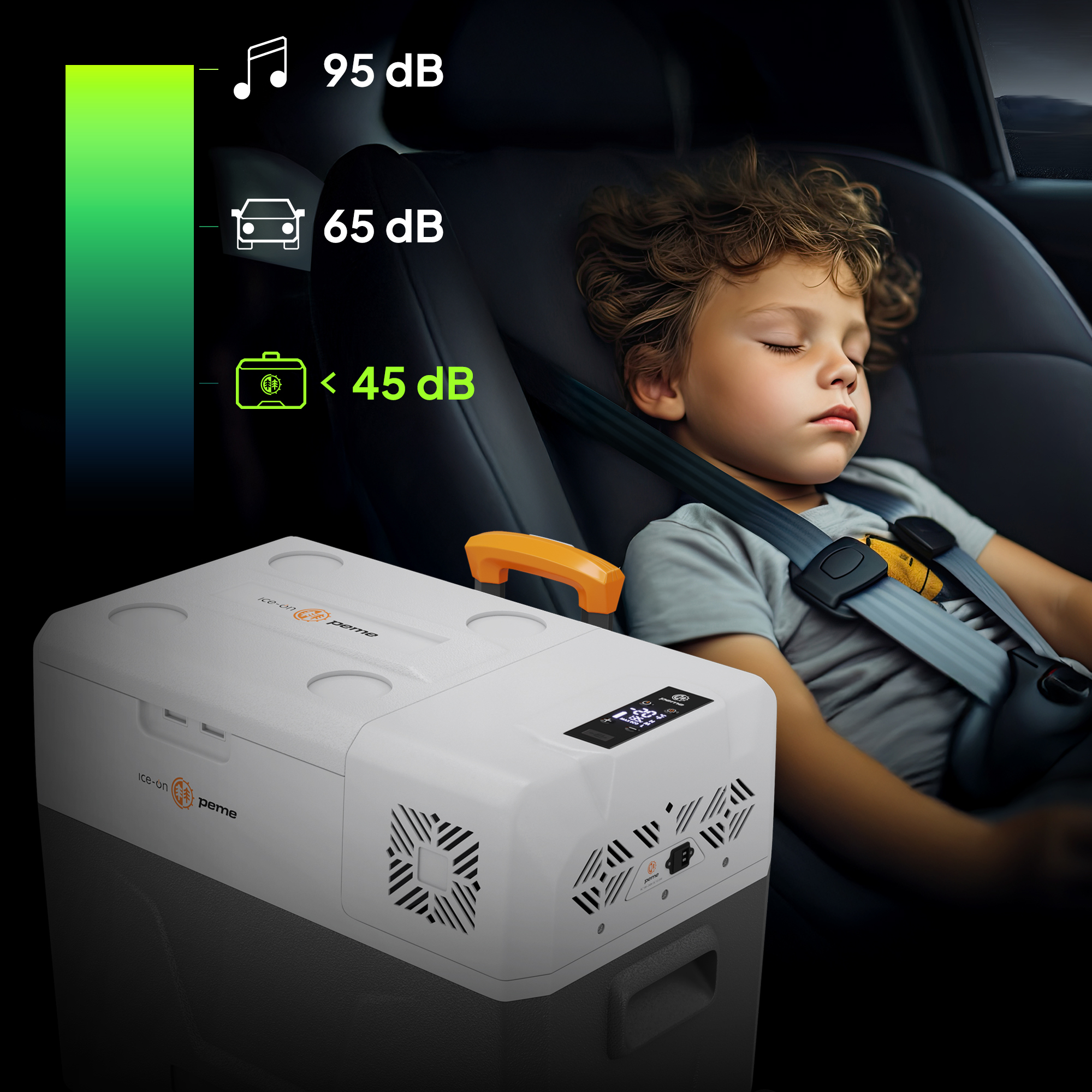 Junge schläft in einem Autositz neben einer weißen Kühlbox. Geräuschpegelanzeigen gezeigt. Schwarzer Hintergrund.