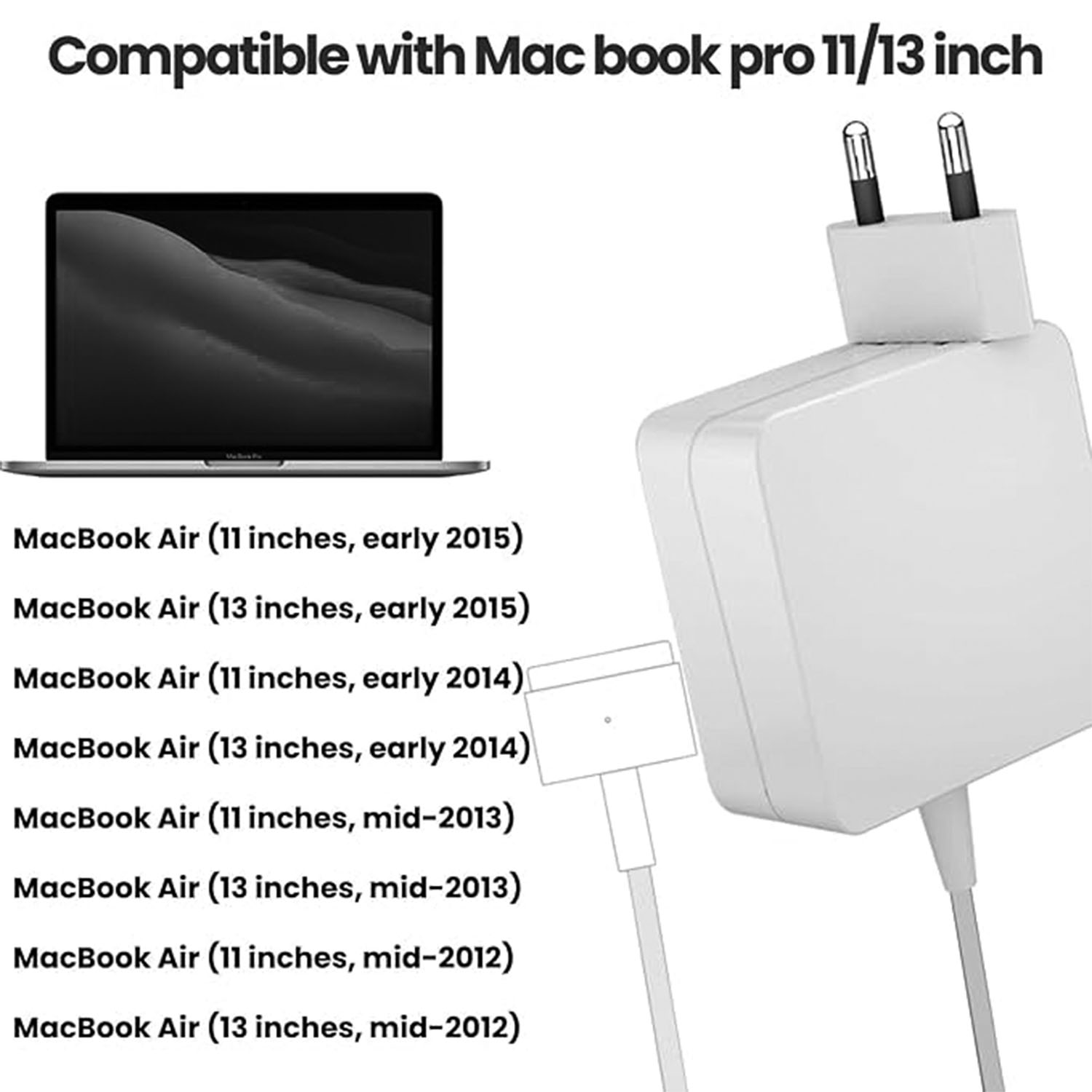 Laptop und Ladegerät. Text: Kompatibel mit MacBook Pro 11/13 Zoll. Liste der kompatiblen MacBook-Modelle.