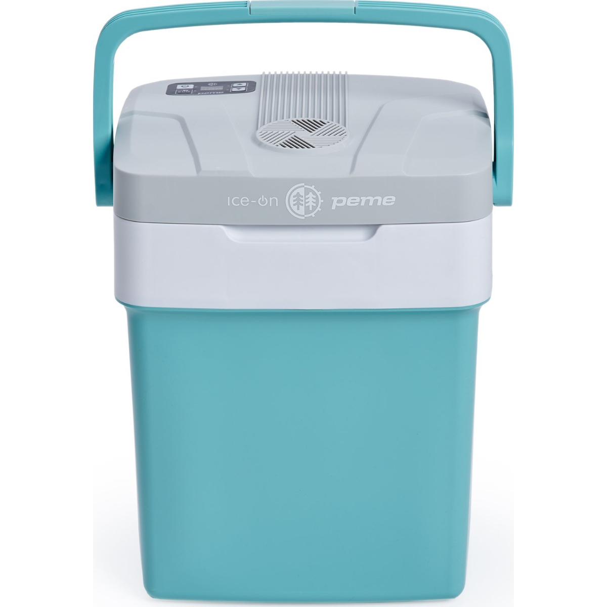 Eine teal- und weiße tragbare Kühlbox mit Griff auf weißem Hintergrund.