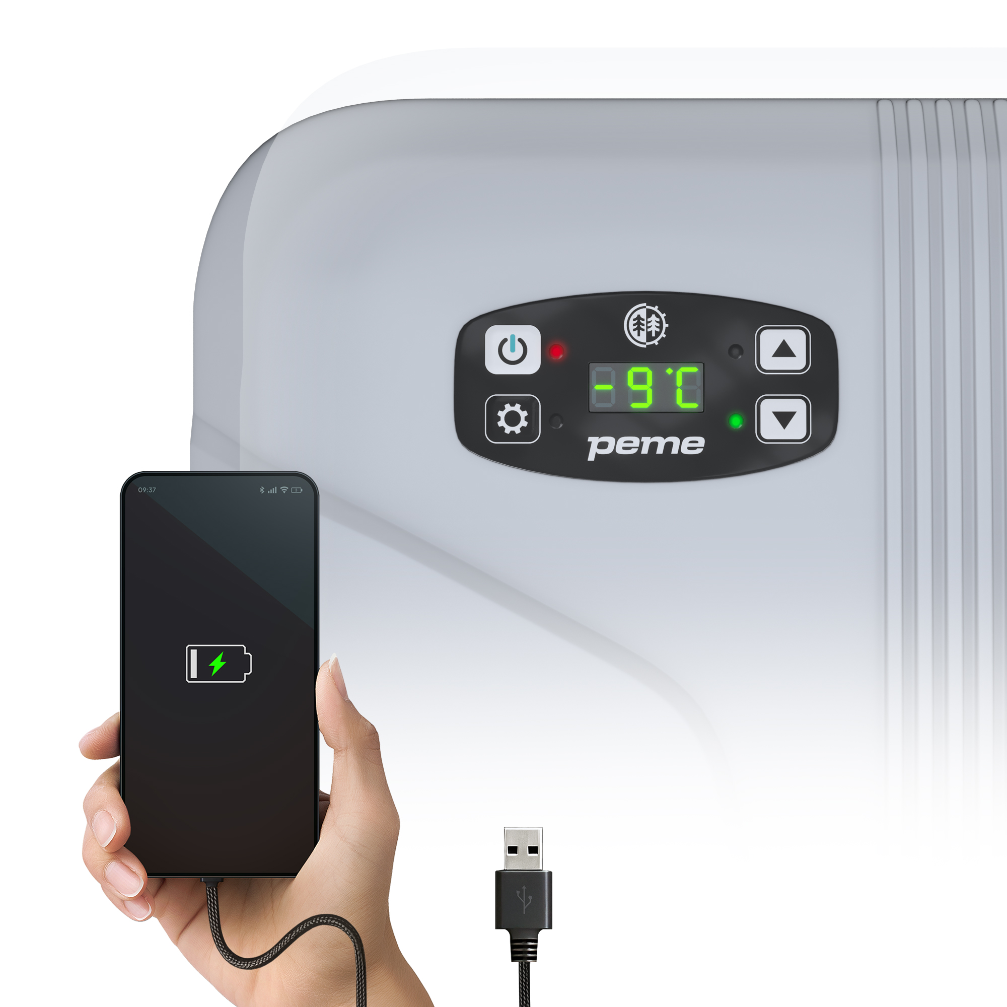 Hand hält ladendes Telefon, verbunden mit USB-Kabel, neben Gerät mit digitaler Anzeige.