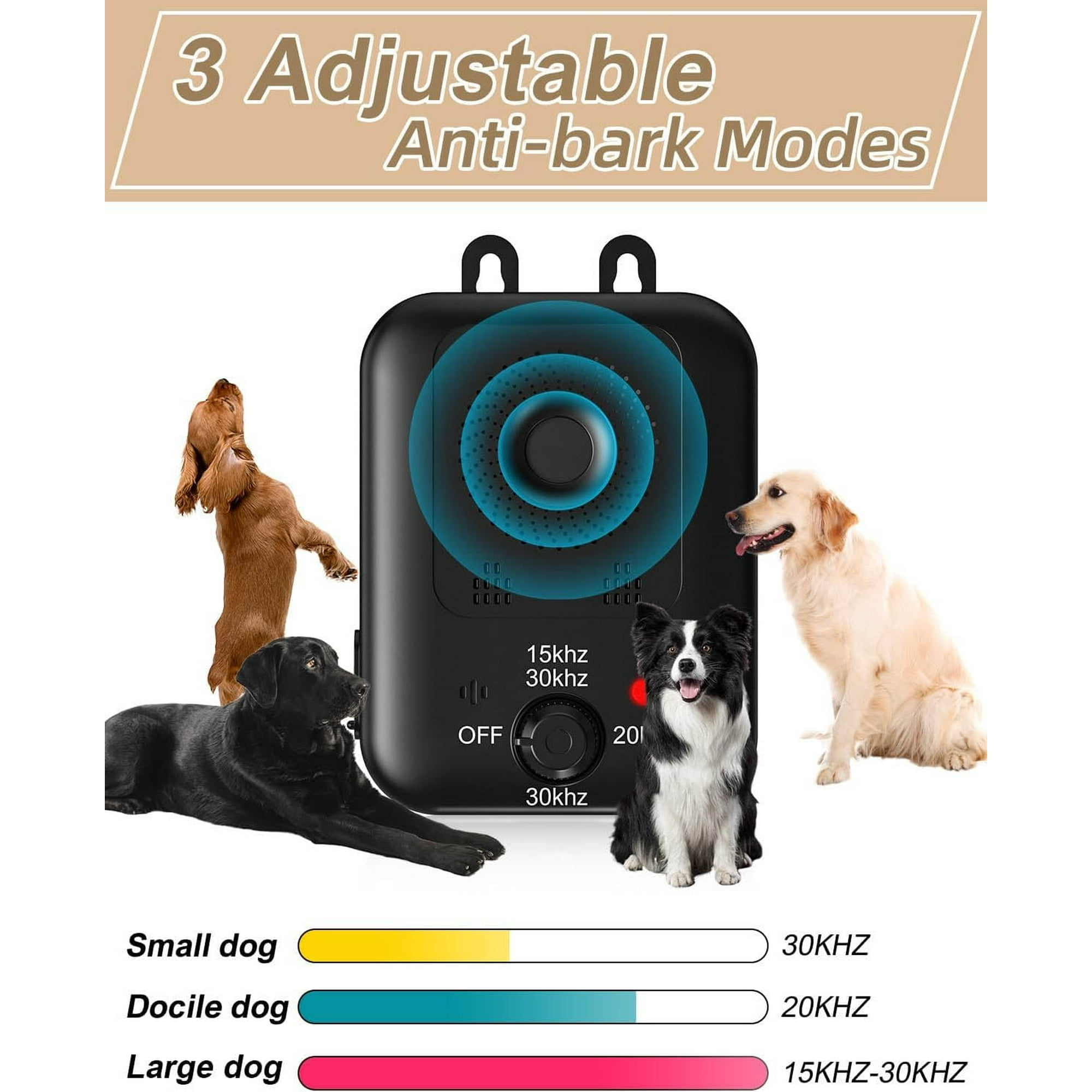 Gerät mit drei Hunden. Kleiner, sanfter und großer Hund. Text: 3 einstellbare Anti-Bell-Modi. Weißer Hintergrund.