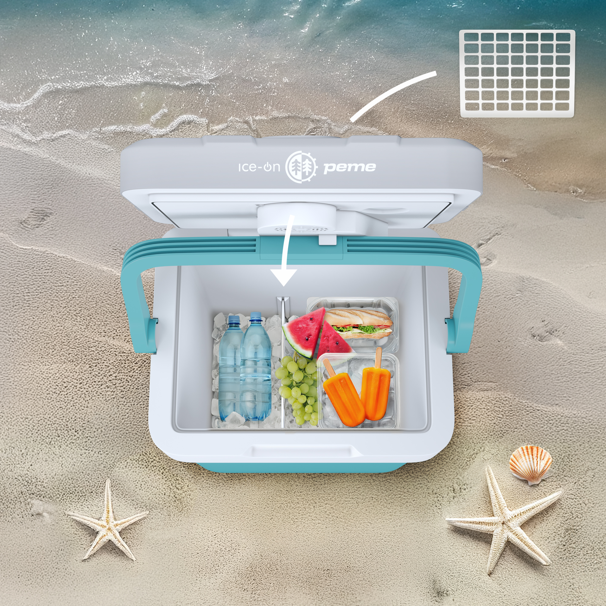 Kühltasche mit Essen und Getränken an einem sandigen Strand mit Seesternen.