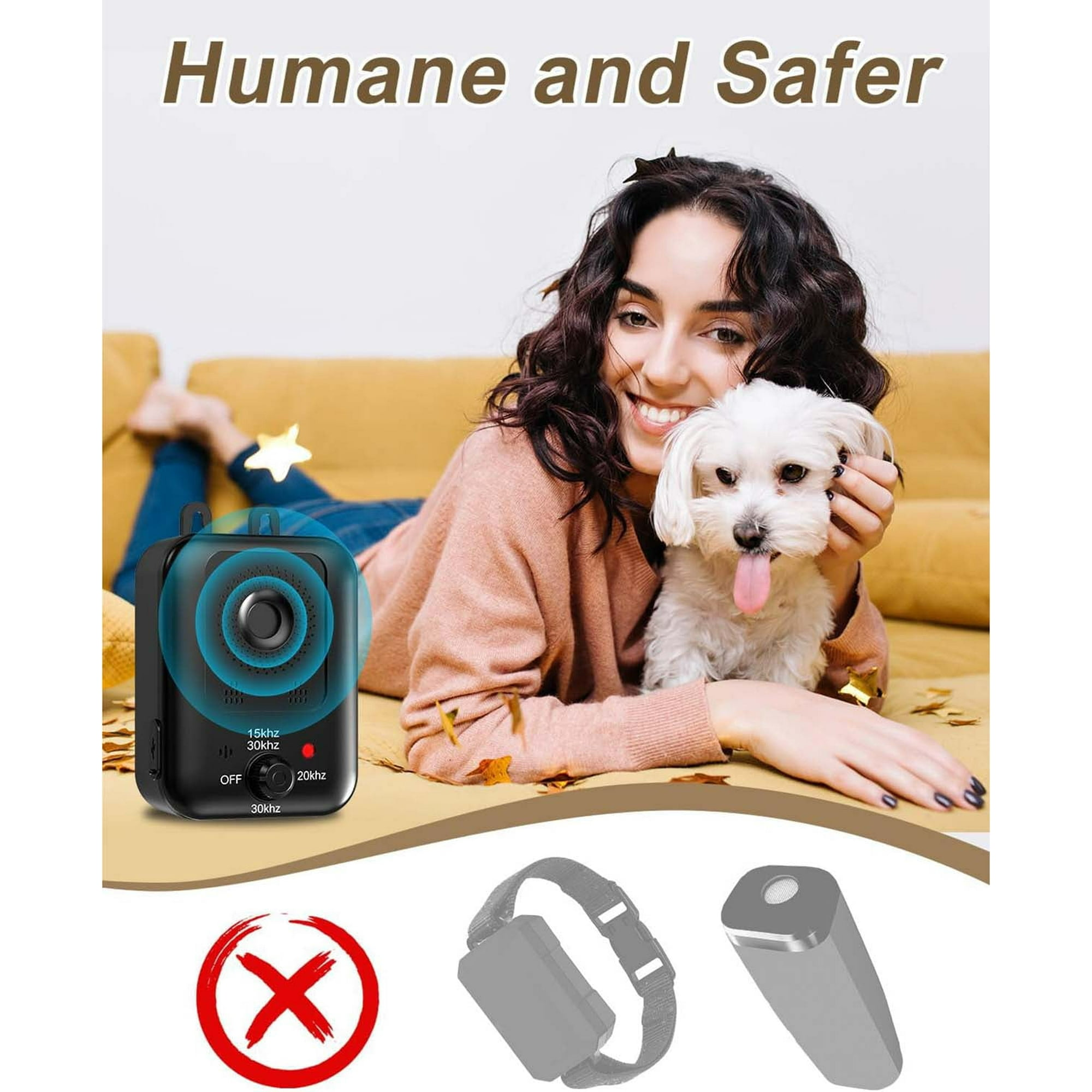 Frau mit Hund und Gerät. Das Gerät ist in der Nähe des Hundes, und andere Geräte sind unten.