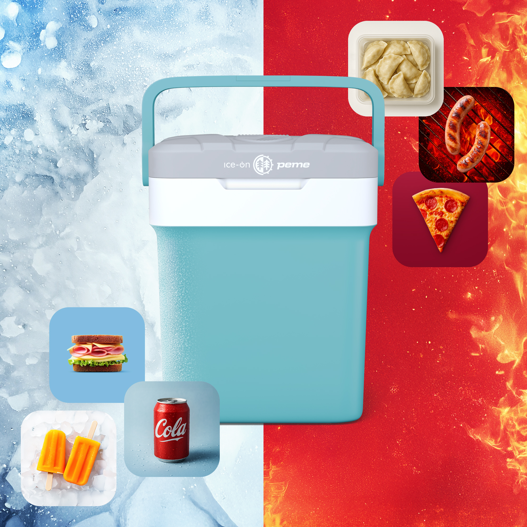 Blauer Kühler und Essensbilder auf rotem und blauem Hintergrund. Inklusive Sandwich und Pizza.