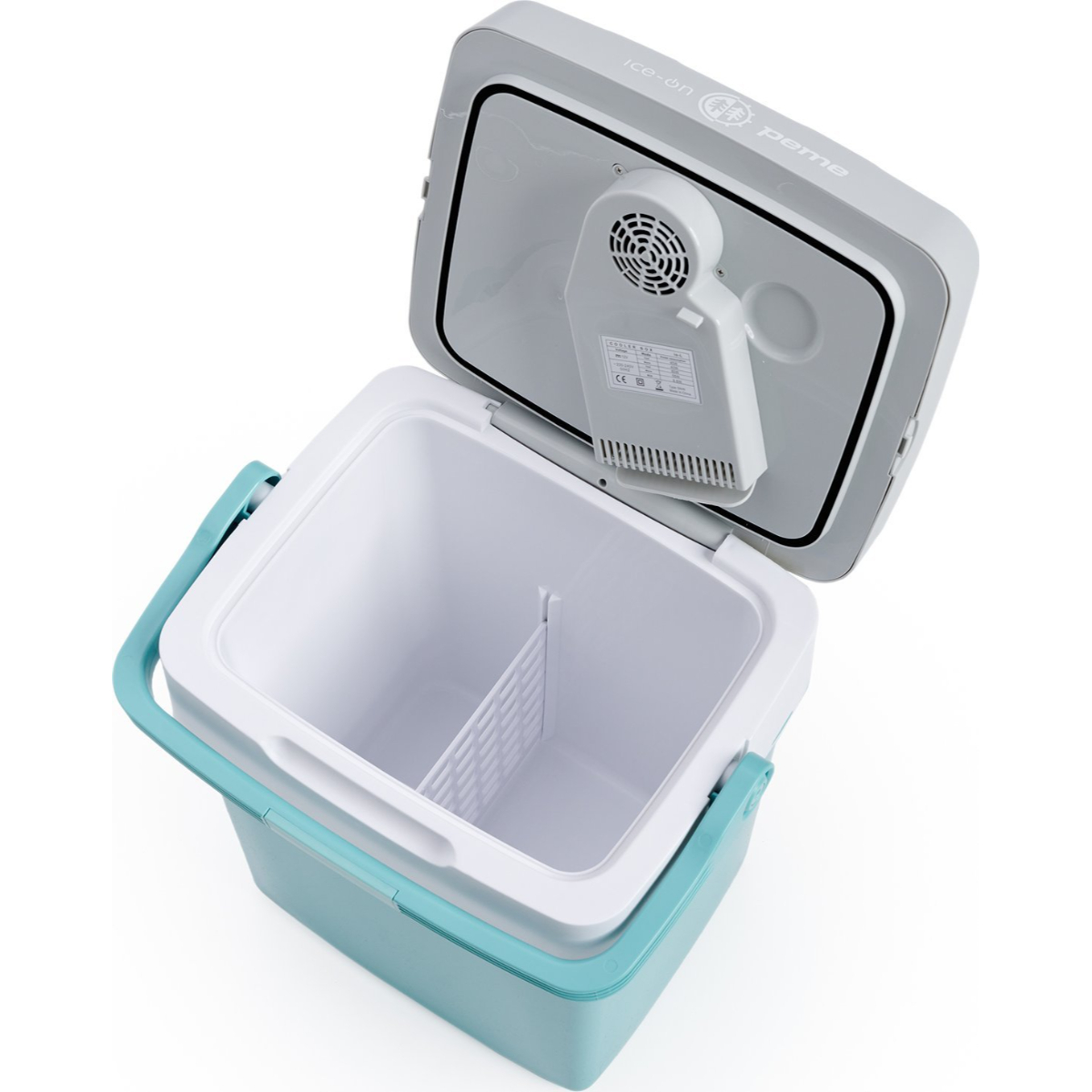 Offene türkisfarbene Kühlbox mit weißem Innenraum, einem Teiler und einem Ventilator oben.