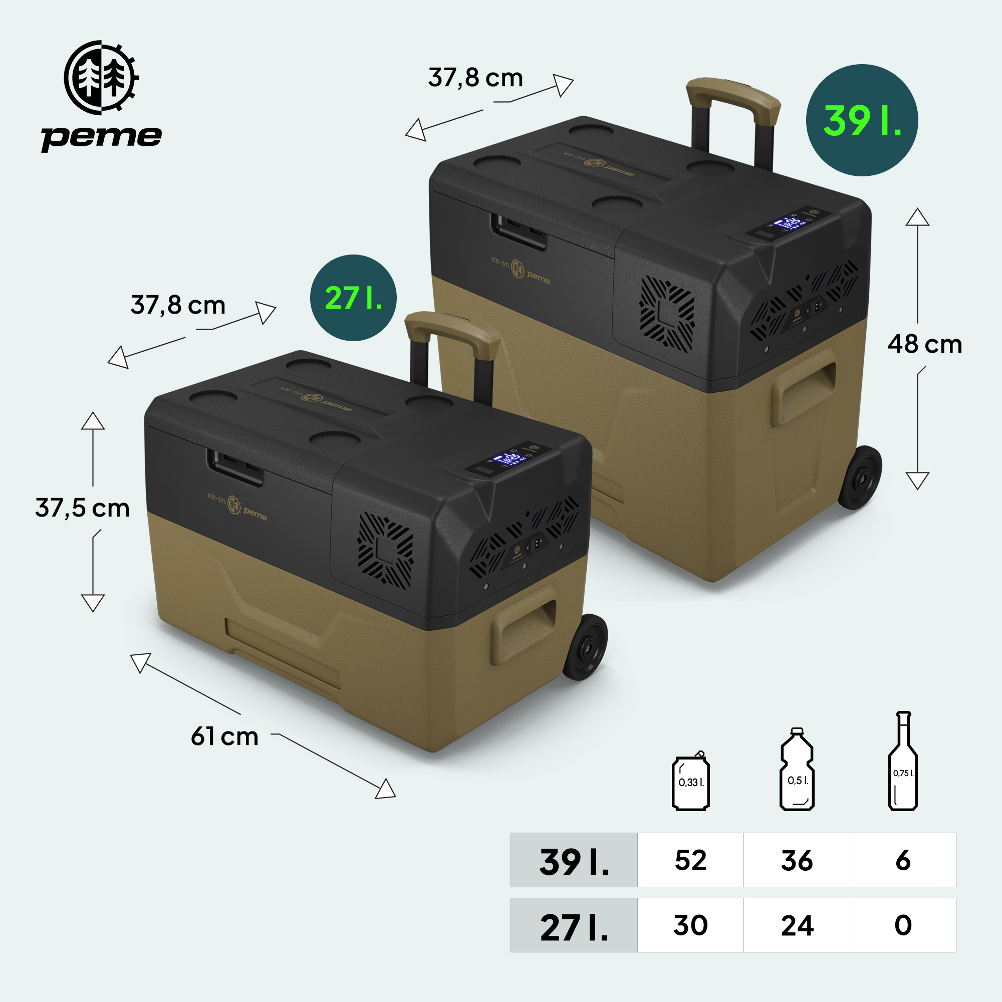 Zwei Kühlboxen, eine mit 27L und die andere mit 39L Fassungsvermögen, mit Abmessungen und Flascheninfo.
