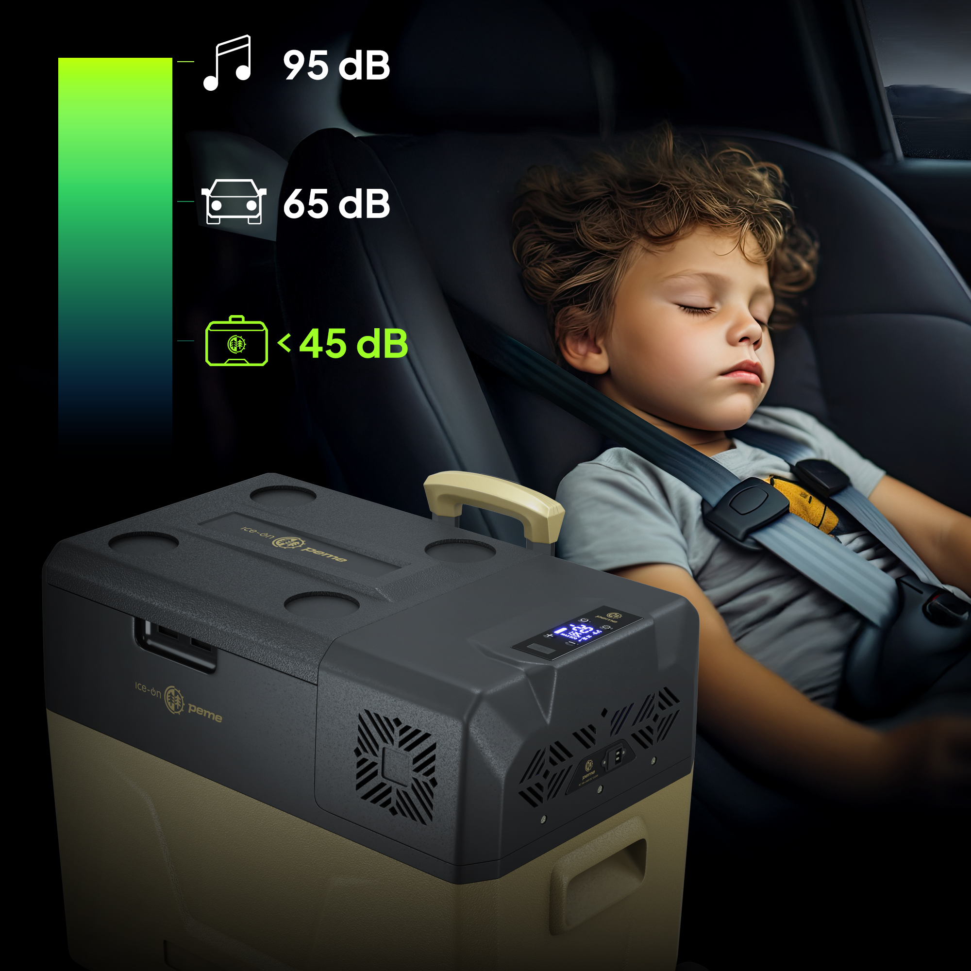 Kind schläft im Auto, angeschnallt, neben einer Kühlbox; Schallpegelanzeigen: Auto, Ton, Kühler.