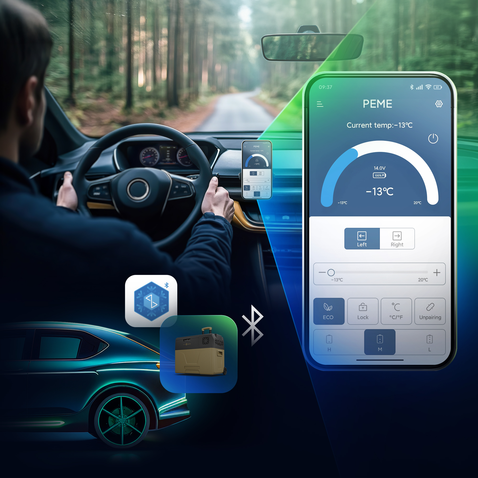 Eine Person, die ein Smartphone zur Steuerung der Fahrzeugfunktionen verwendet. Straße und Armaturenbrett sind sichtbar.