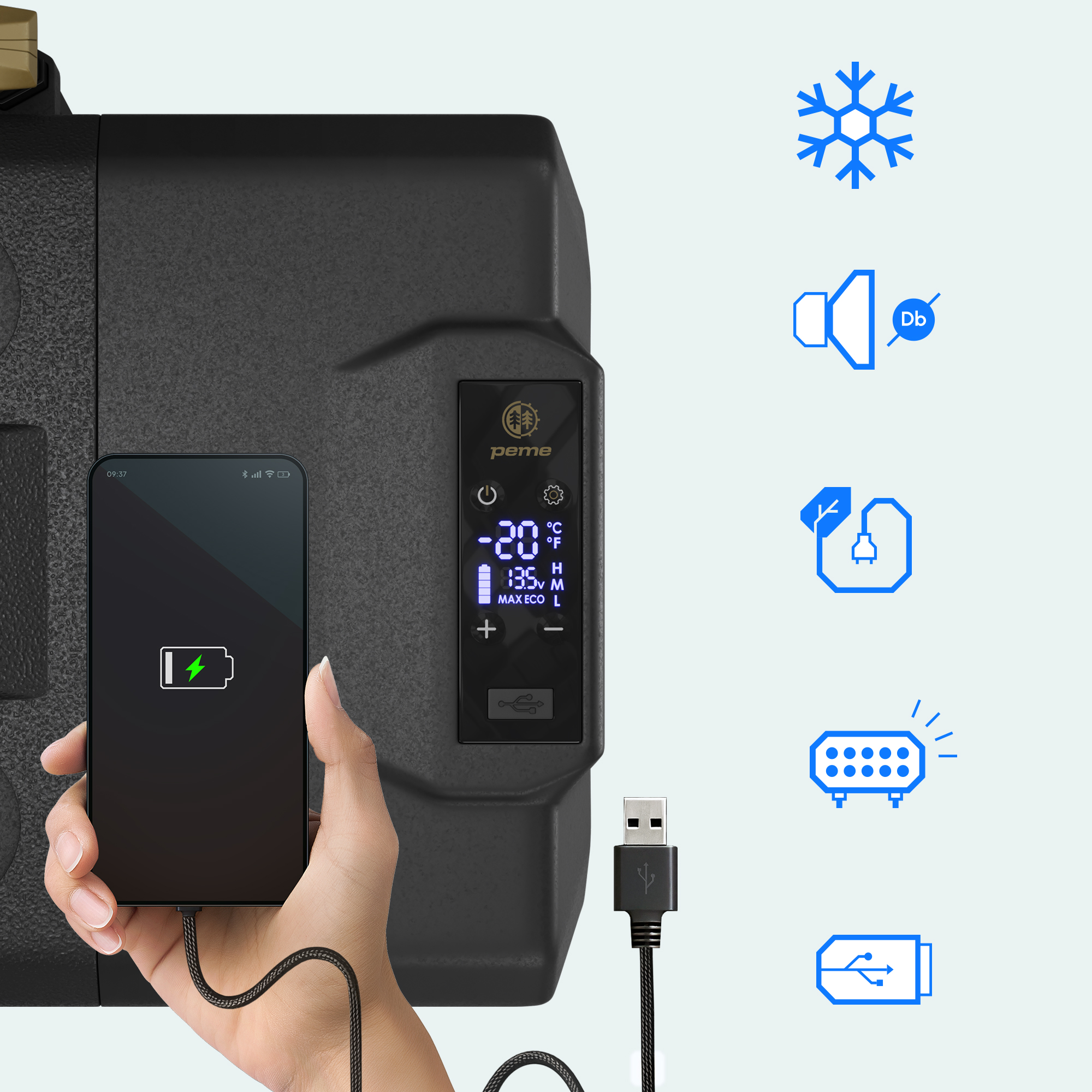 Eine Hand, die ein Telefon hält, das mit einem USB-Kabel an einem schwarzen Gerät geladen wird. Symbole sind sichtbar.