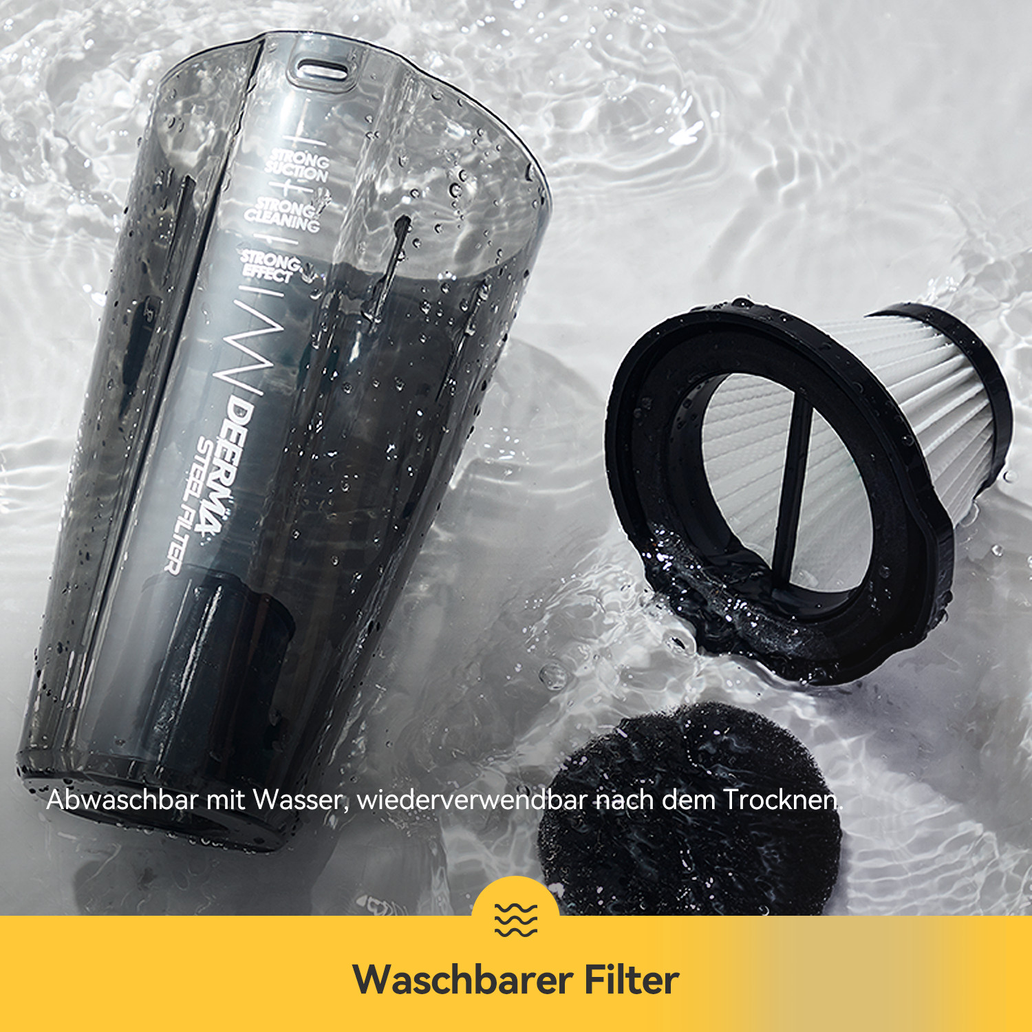 Staubsaugerfilter-Komponenten. Ein klarer Behälter, ein Filter und ein schwarzer Schwammfilter sind sichtbar.