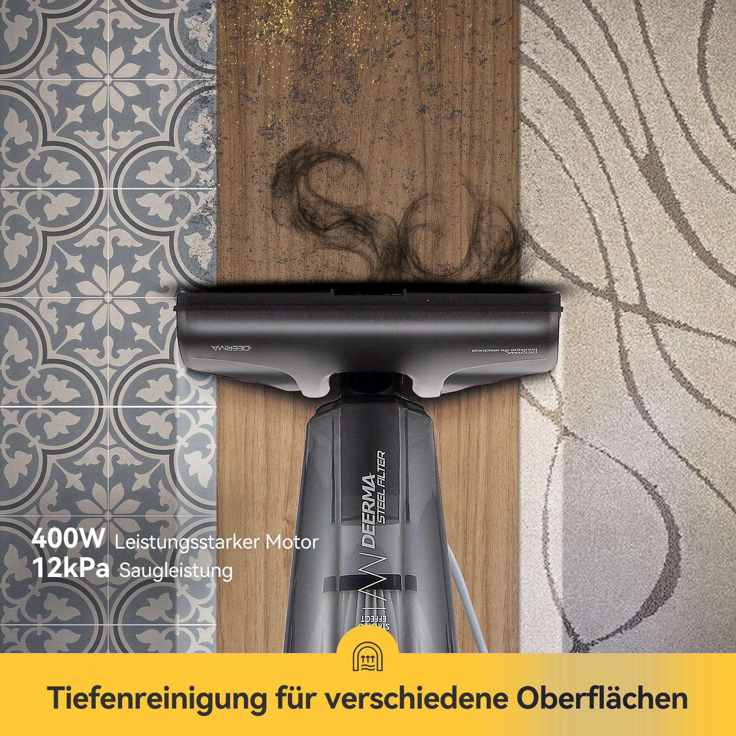 Staubsauger reinigt Böden. Zeigt Fliesen, Holz und Teppich. Schmutz aufgesaugt.