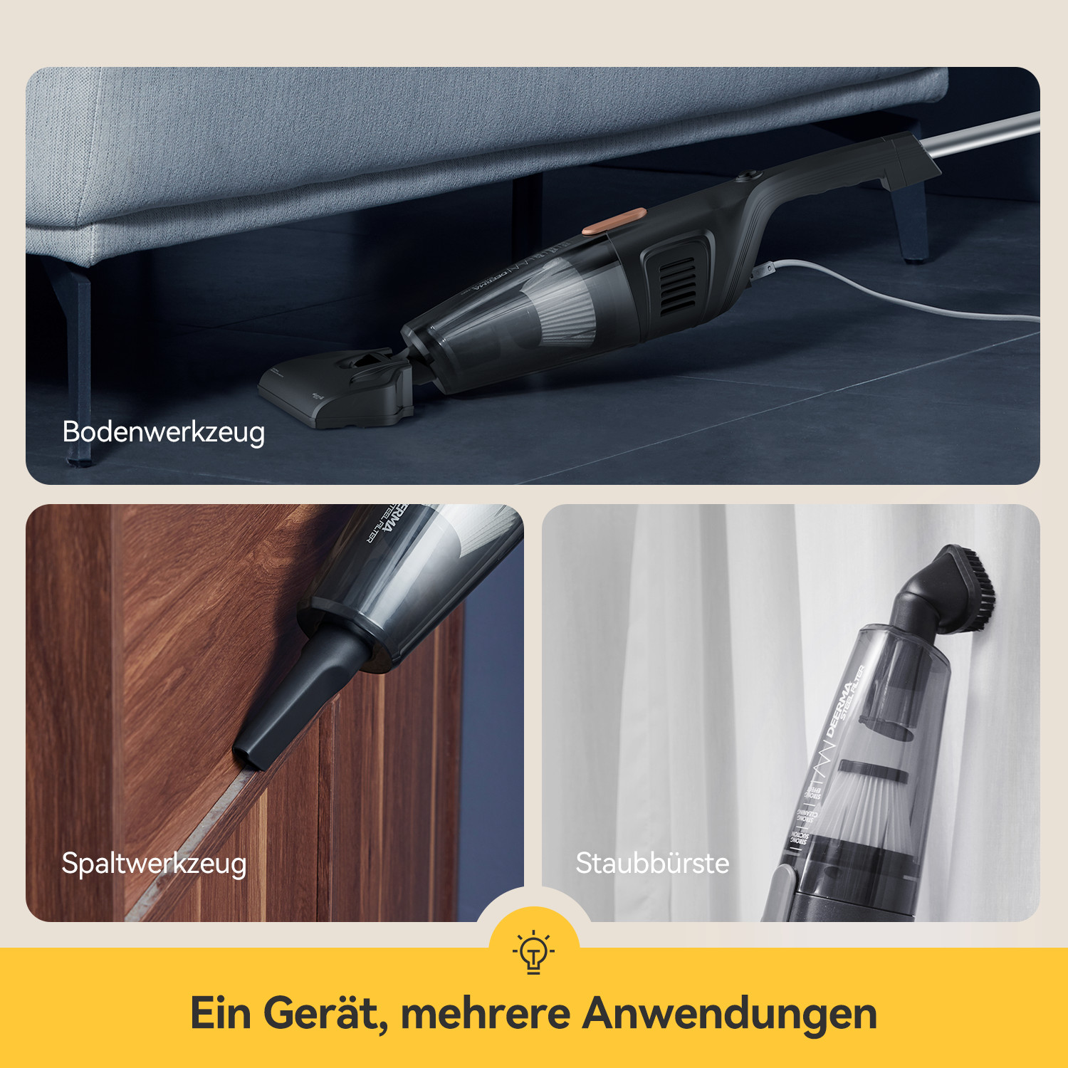 Staubsauger mit drei Aufsätzen: Bodendüse, Fugendüse und Staubbürste. Text: Ein Gerät, viele Anwendungen.