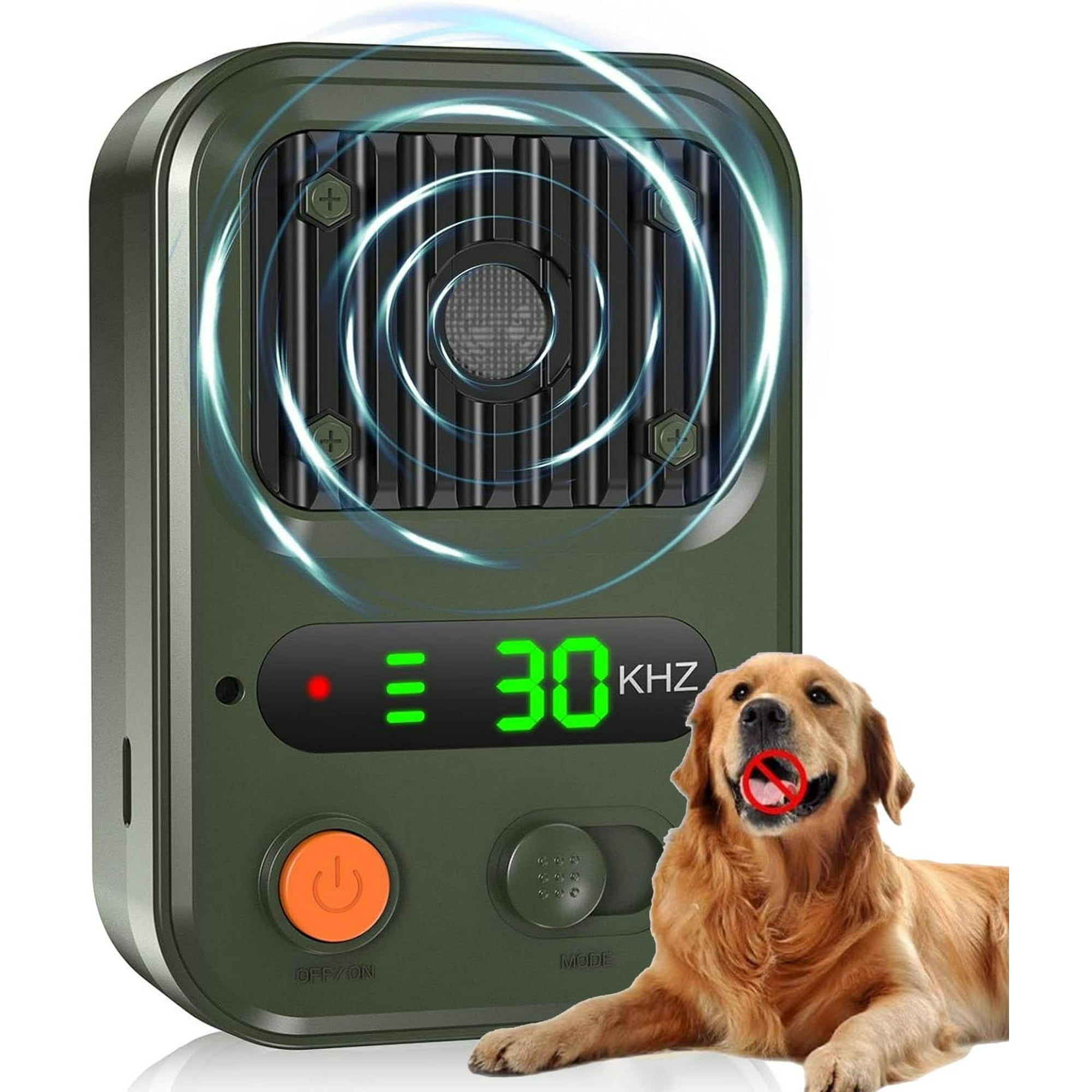 Grünes Bellkontrollgerät mit 30 kHz-Anzeige und einem Hund mit Stoppschild über dem Maul.