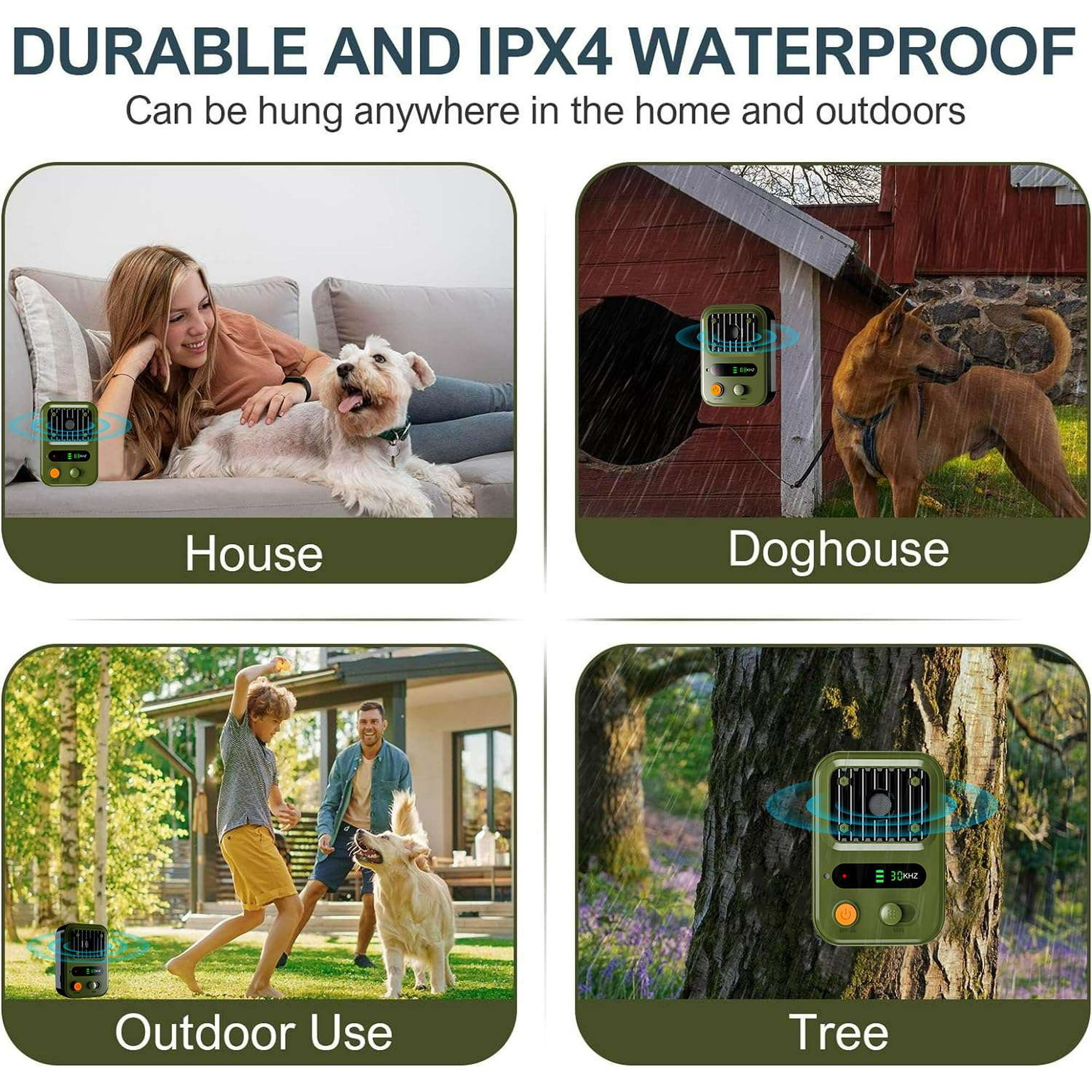 Vier Bilder zeigen die Verwendung eines kleinen grünen Geräts. Szenen: Haus, Hundehütte, Outdoor, Baum.