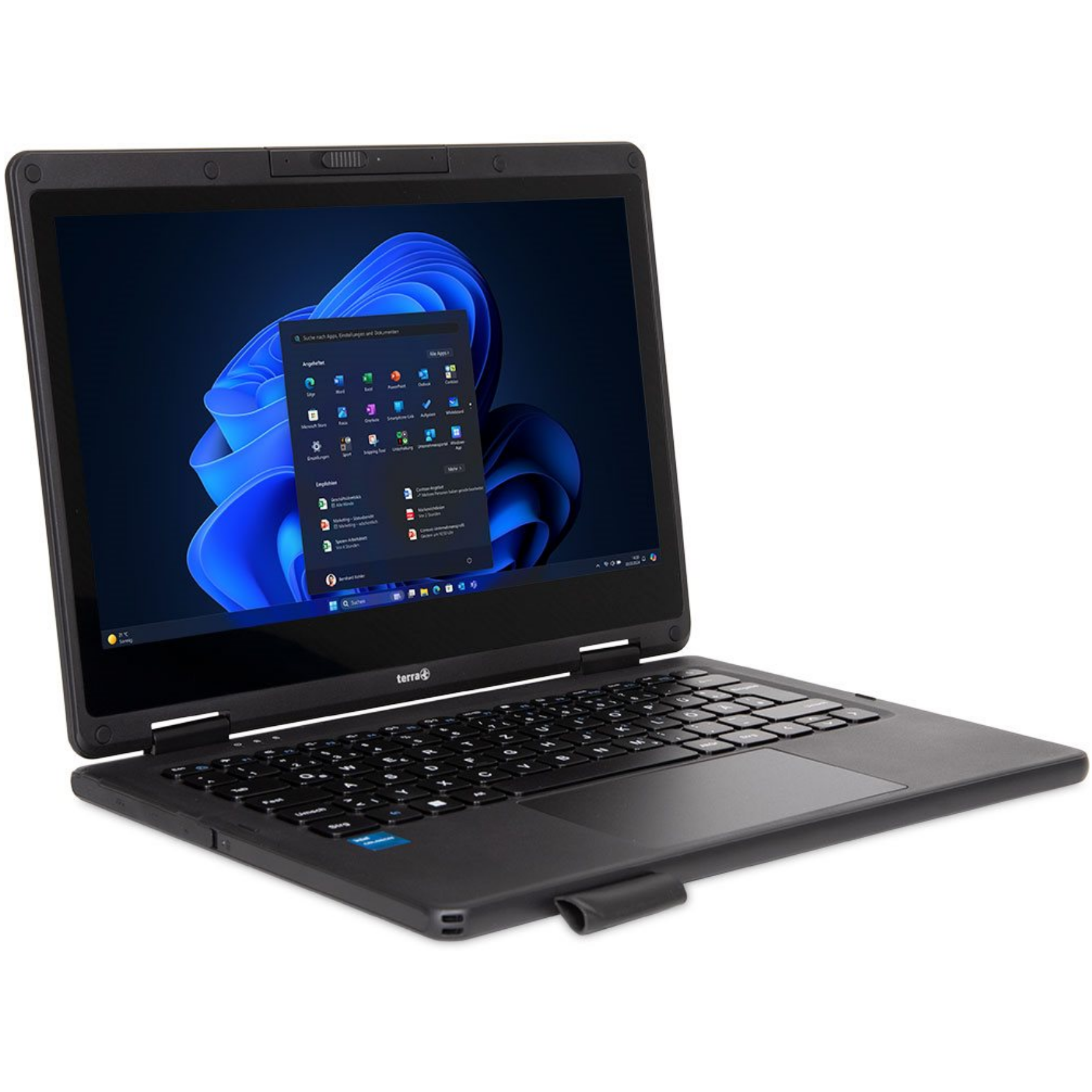 Ein schwarzer Laptop mit einem Bildschirm, der eine Windows-Oberfläche anzeigt, in einem Winkel geöffnet.
