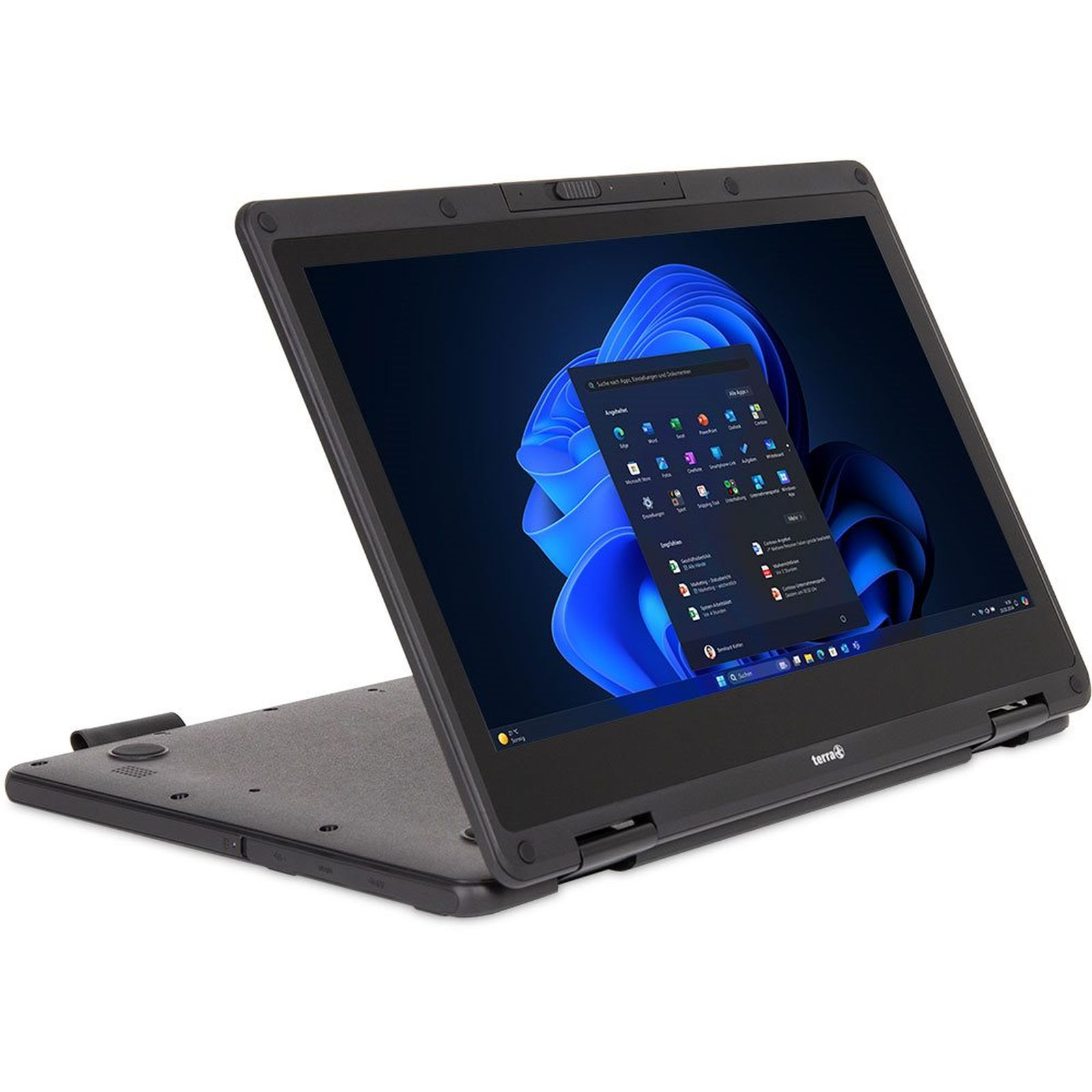 Schwarzer Laptop mit Bildschirm, der App-Symbole zeigt. Er ist abgewinkelt. Der Hintergrund ist weiß.