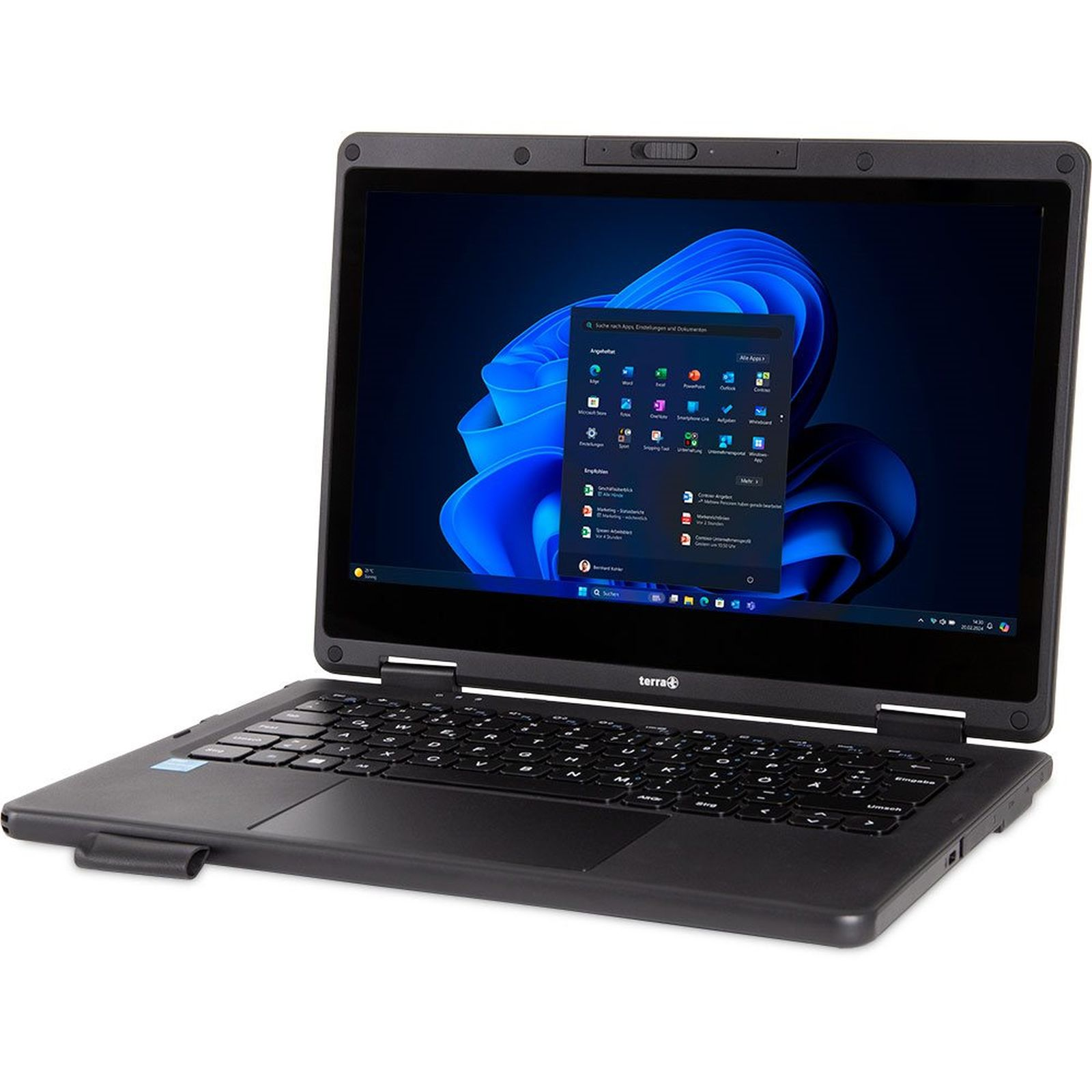 Schwarzer Laptop, der auf einer weißen Oberfläche geöffnet ist und eine Windows 11-Oberfläche anzeigt.