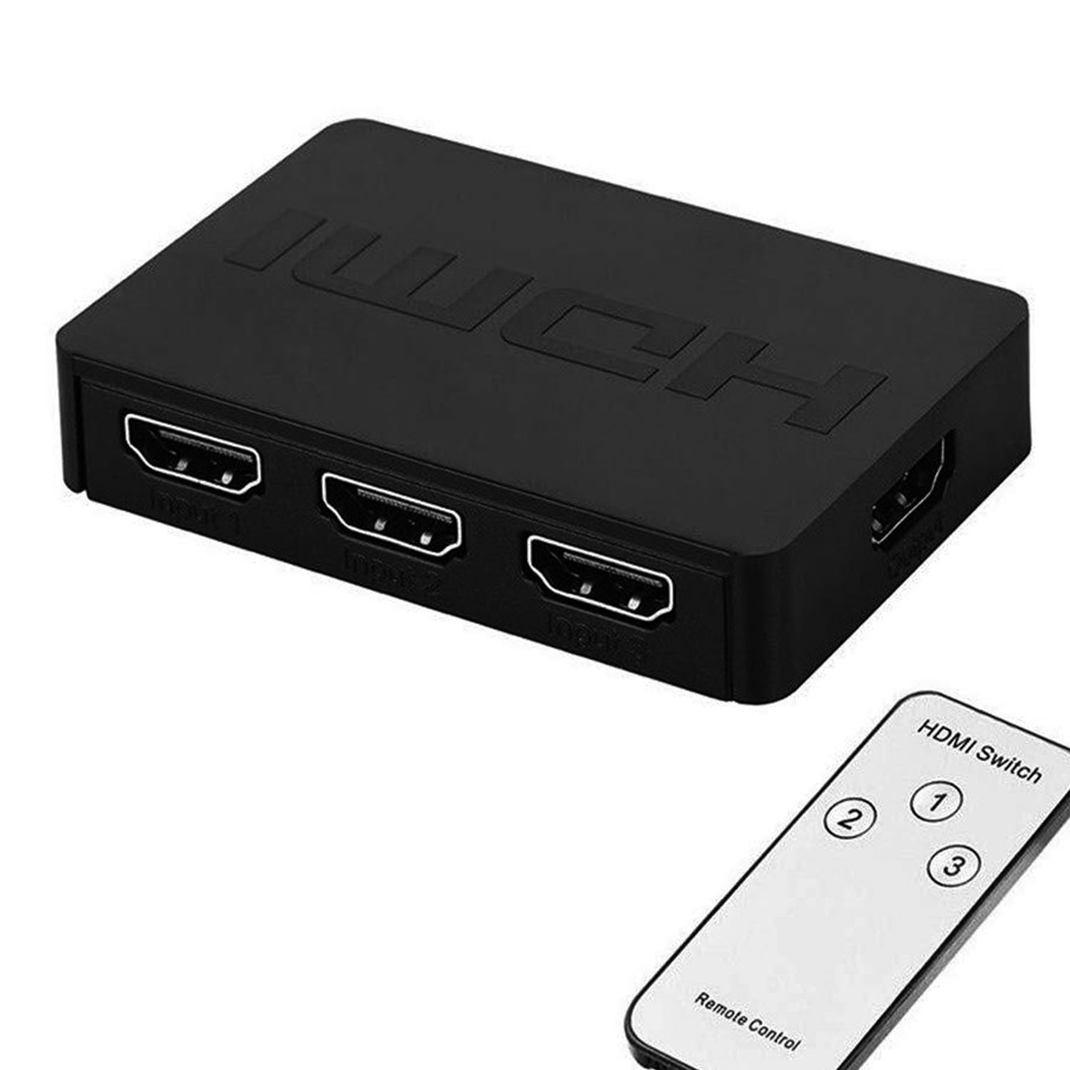Schwarzer HDMI-Switch mit drei HDMI-Anschlüssen und einer Fernbedienung.