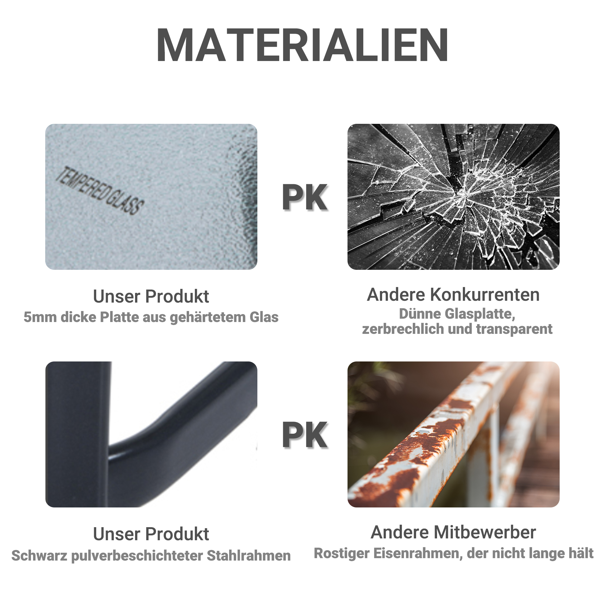 Materialvergleich: gehärtetes Glas vs. zerbrochenes Glas, schwarzer Stahl vs. rostiger Stahl.