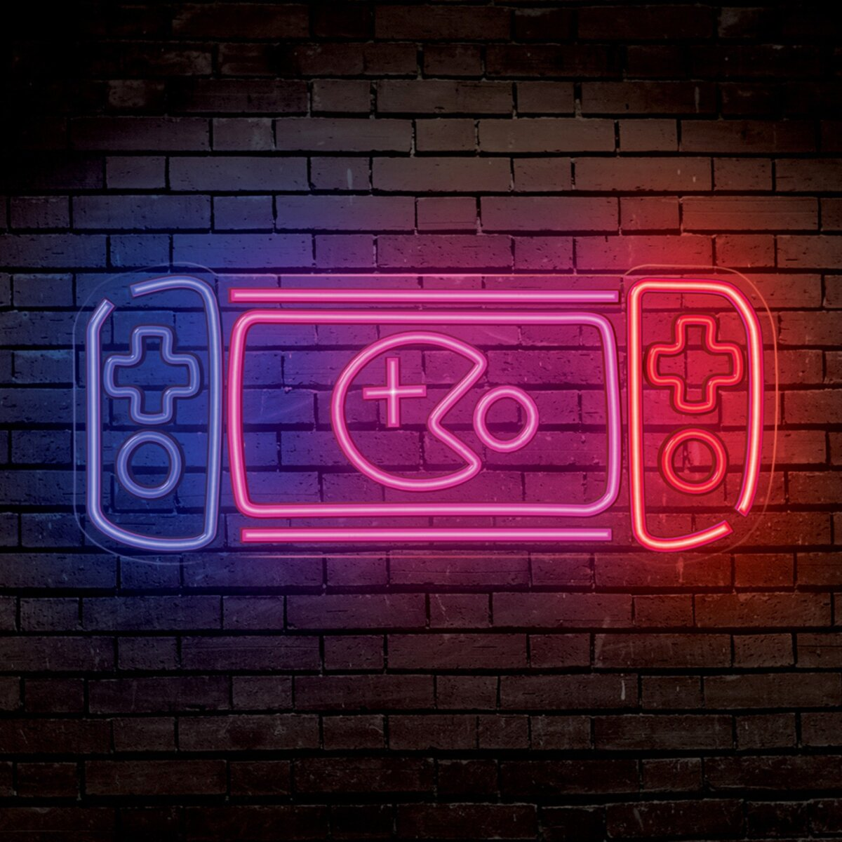 Ein Neon-Schild einer Handheld-Spielkonsole an einer Backsteinmauer. Das Schild ist rosa und blau.