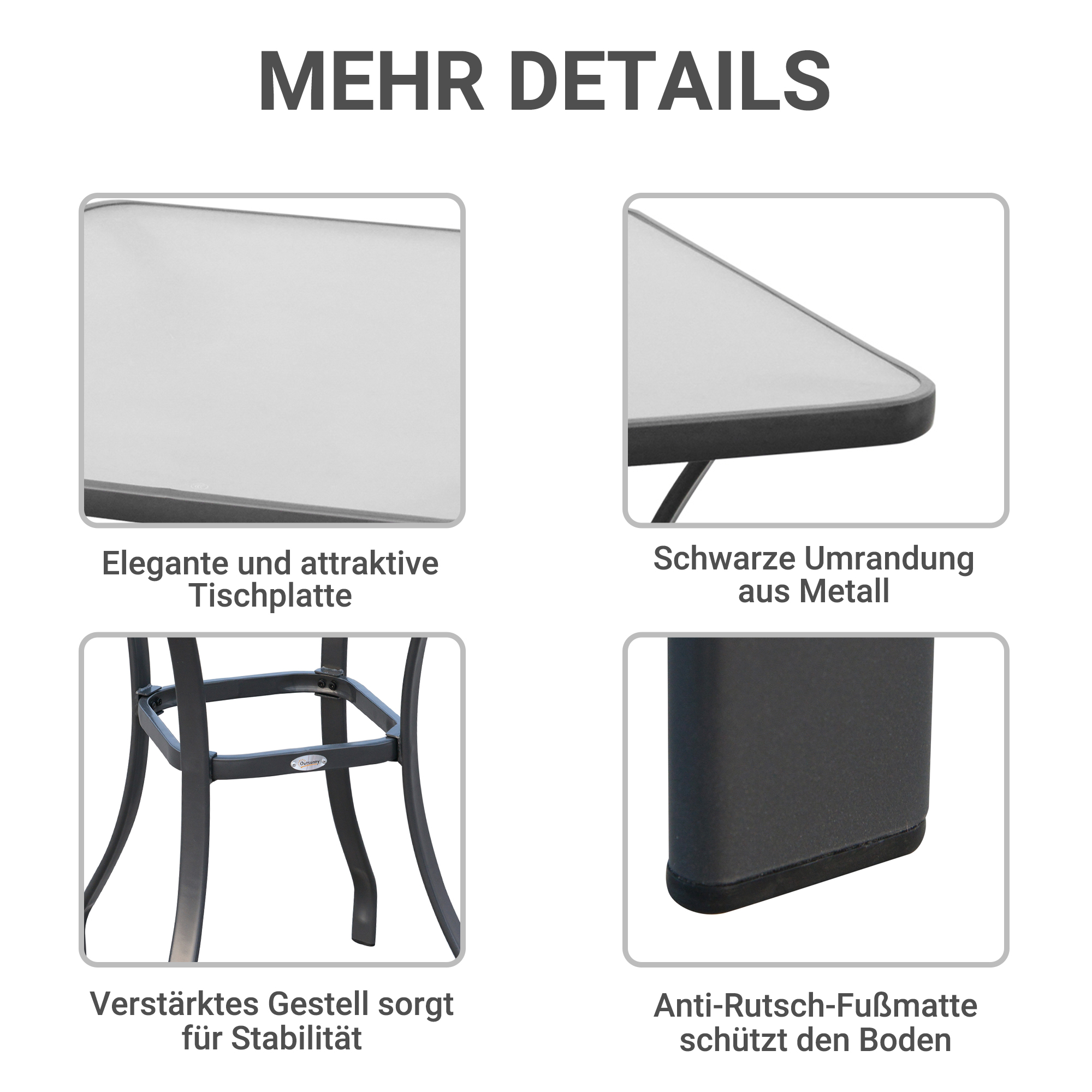 Nahaufnahmedetails des Gartentisches. Oberseite, Rahmen- und Beindetails mit deutschem Text.